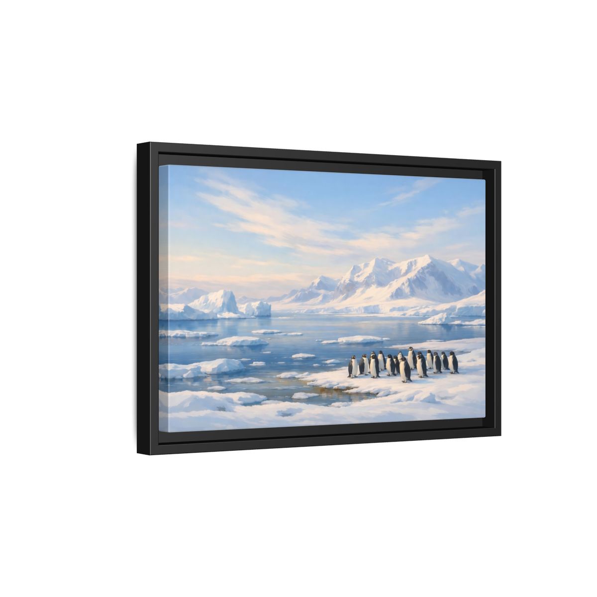 Side Mockup 6. Animals Penguins Blue And White shown as stretched canvas wall art