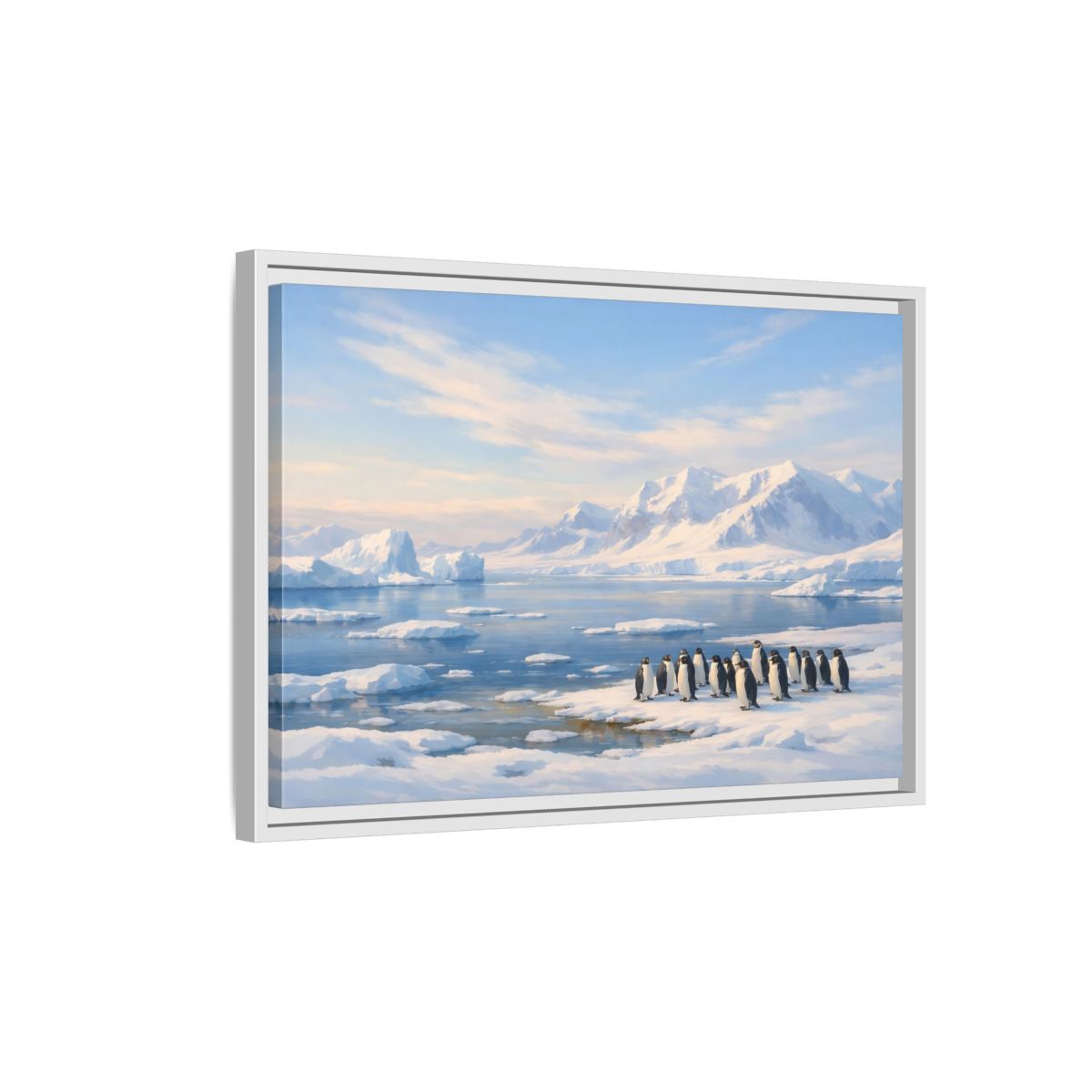 Side Mockup 1. Animals Penguins Blue And White shown as stretched canvas wall art