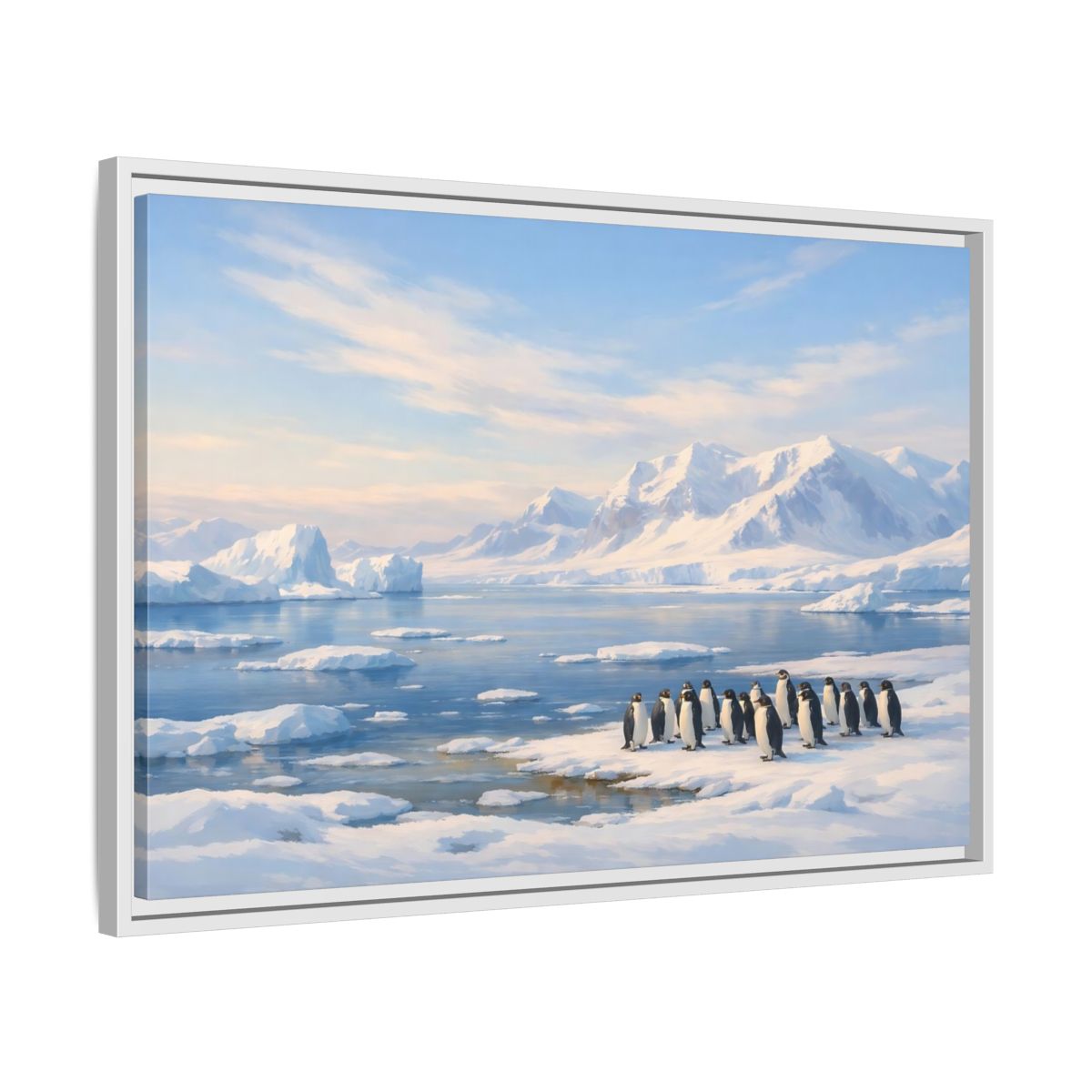 Side Mockup 10. Animals Penguins Blue And White shown as stretched canvas wall art