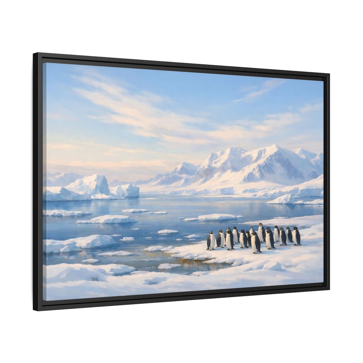 Side Mockup 13. Animals Penguins Blue And White shown as stretched canvas wall art