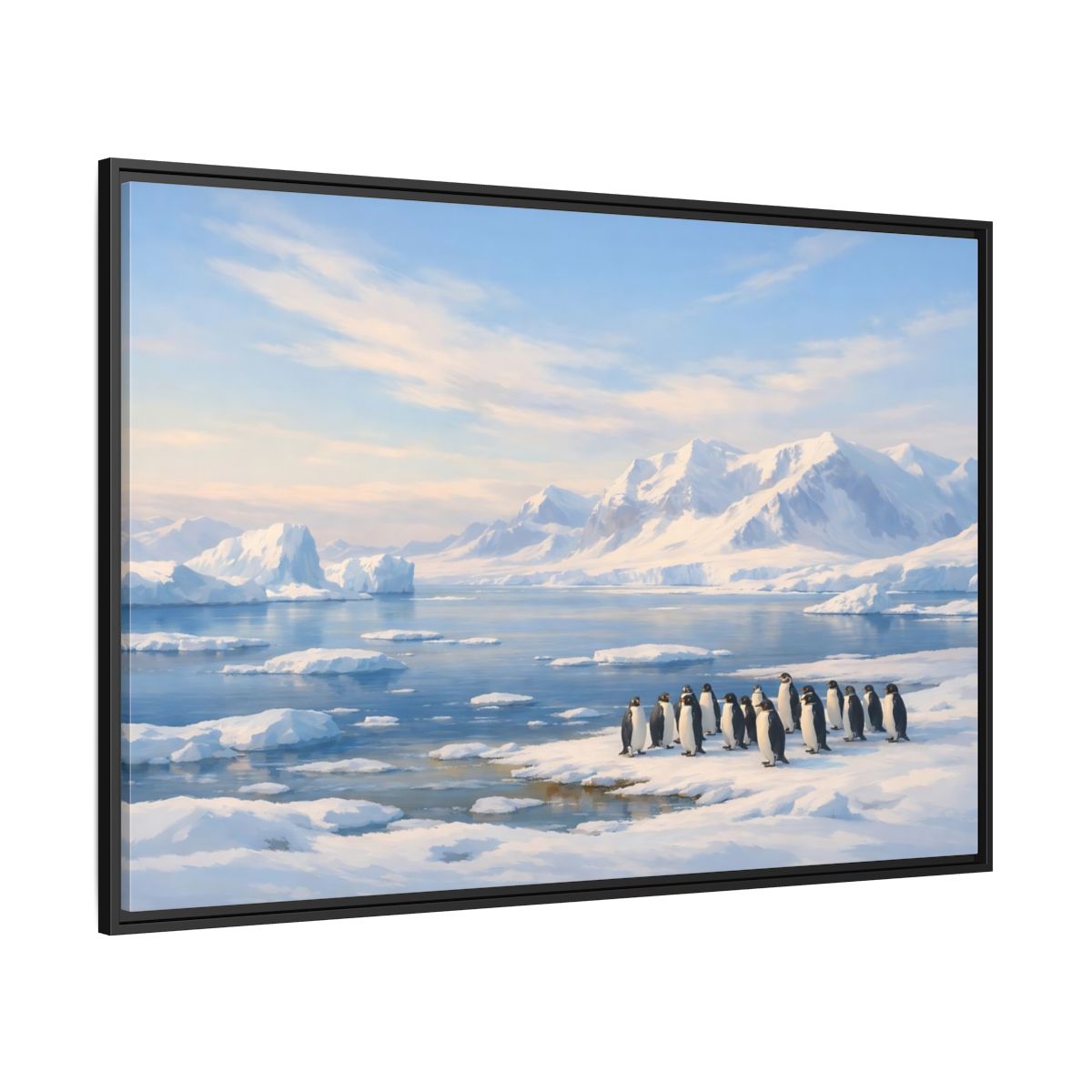 Side Mockup 12. Animals Penguins Blue And White shown as stretched canvas wall art