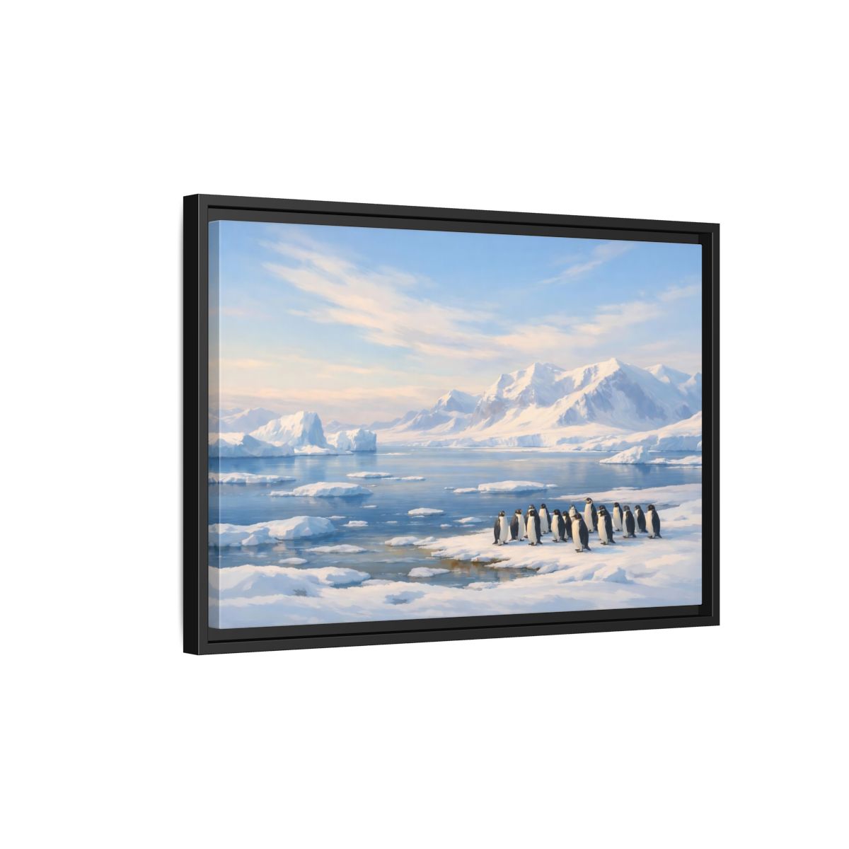 Side Mockup 3. Animals Penguins Blue And White shown as stretched canvas wall art