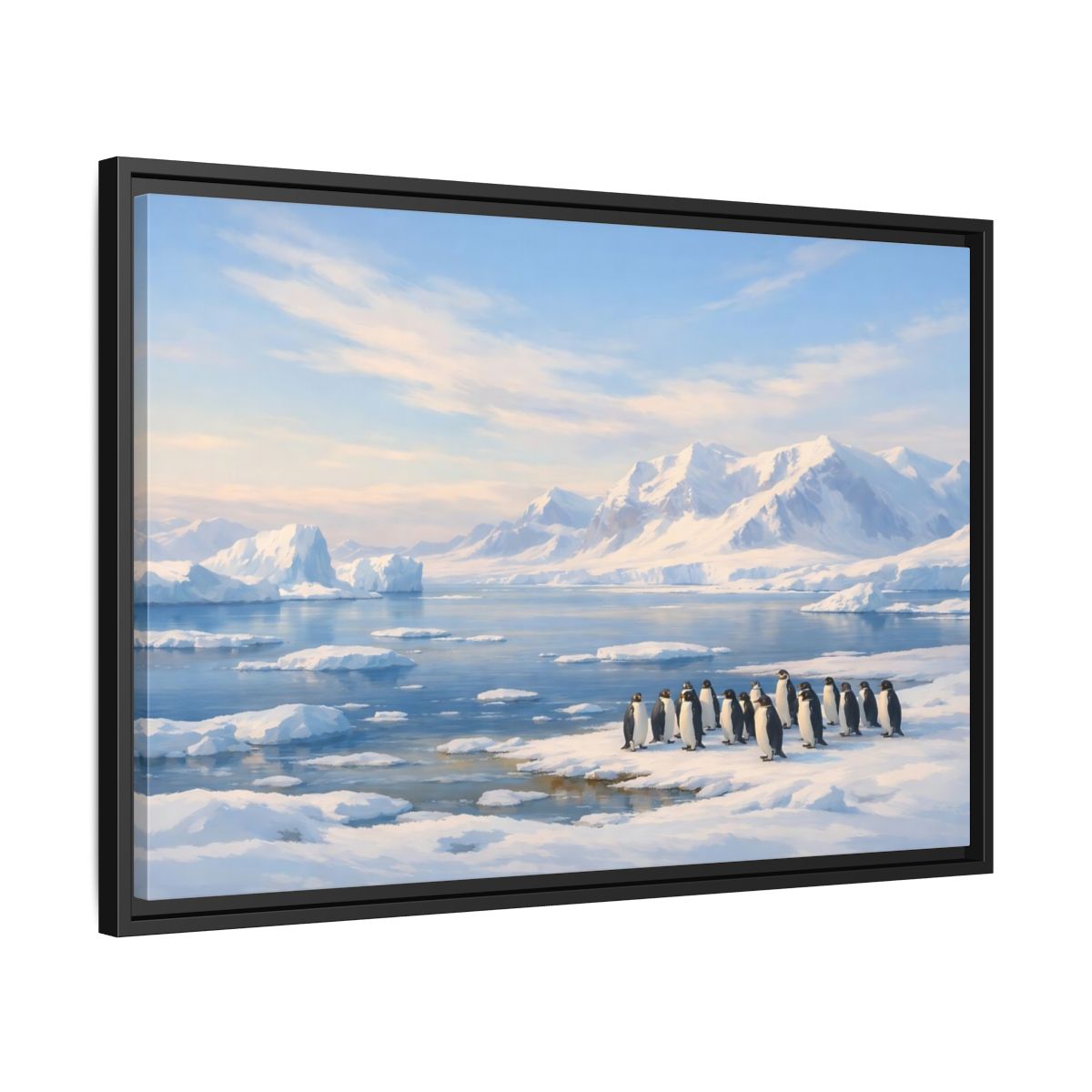 Side Mockup 14. Animals Penguins Blue And White shown as stretched canvas wall art