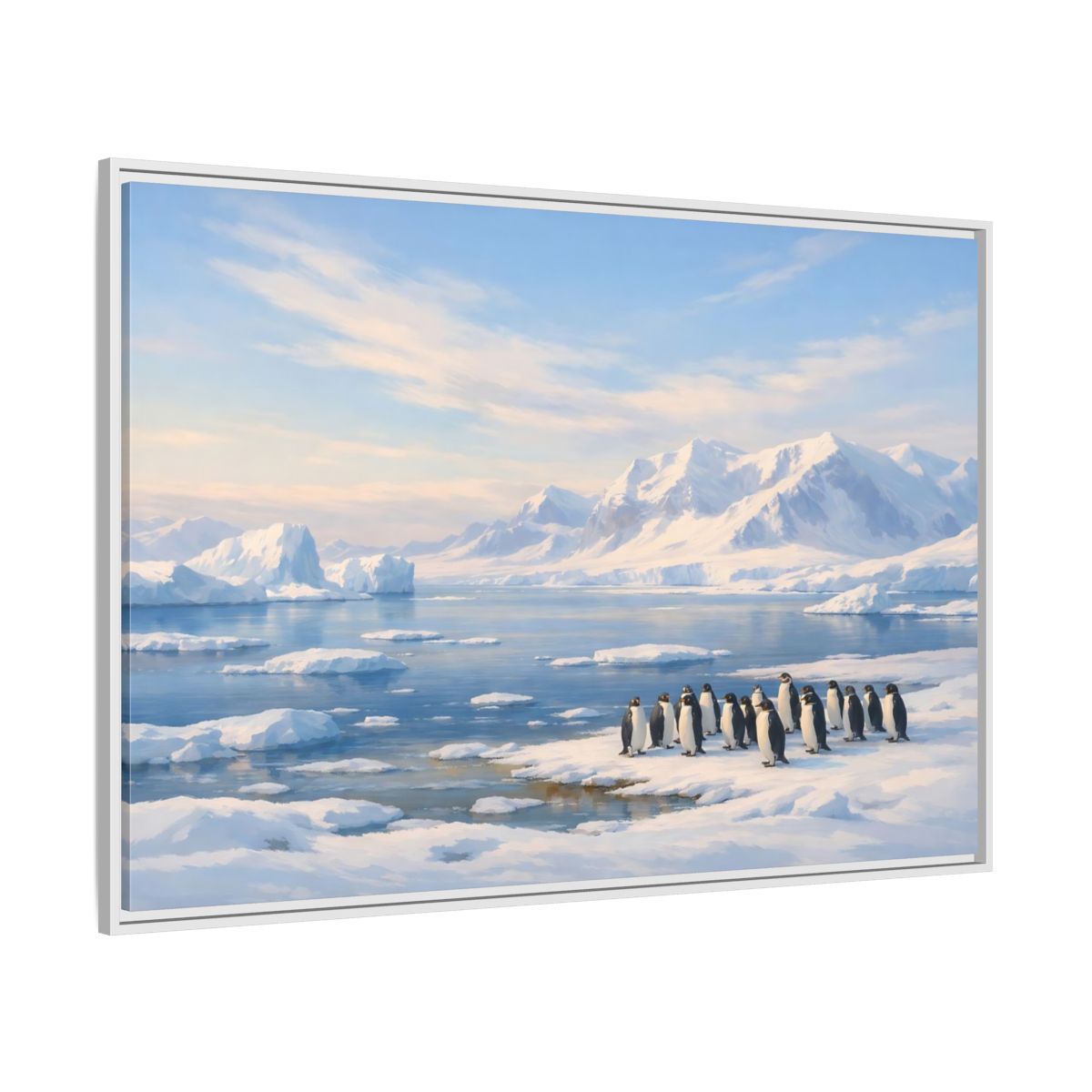 Side Mockup 7. Animals Penguins Blue And White shown as stretched canvas wall art