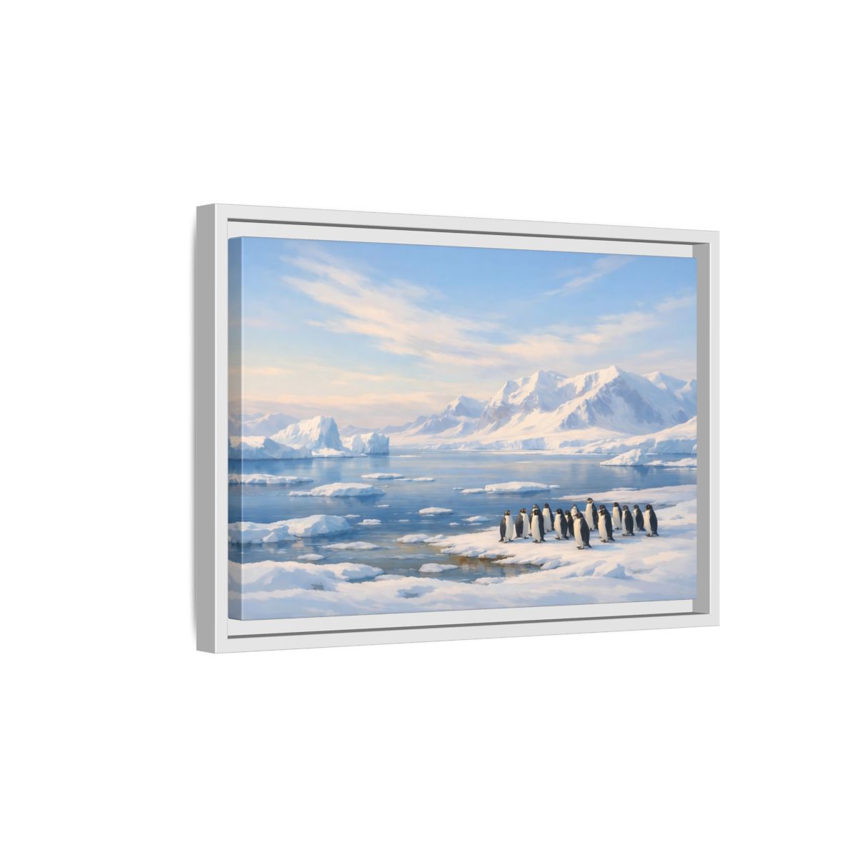 Side Mockup 4. Animals Penguins Blue And White shown as stretched canvas wall art