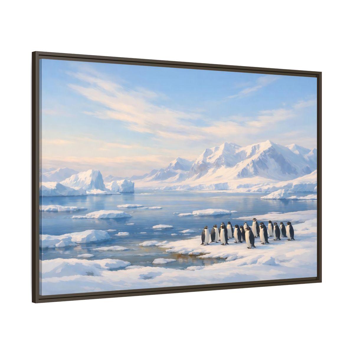 Side Mockup 8. Animals Penguins Blue And White shown as stretched canvas wall art
