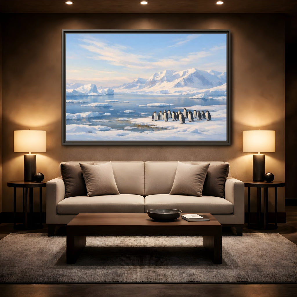 Mockup 2. Animals Penguins Blue And White shown as stretched canvas wall art