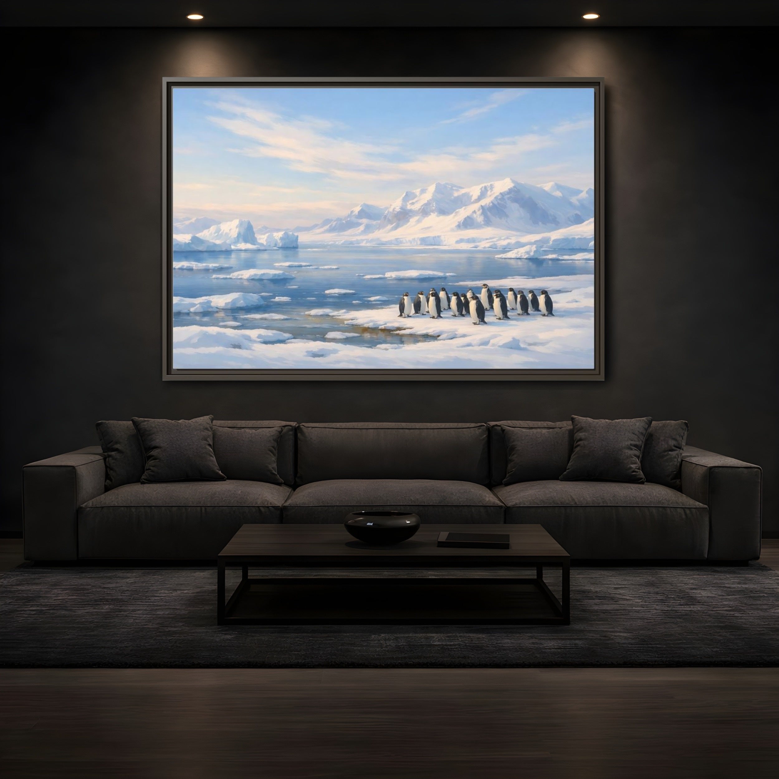 Mockup 3. Animals Penguins Blue And White shown as stretched canvas wall art
