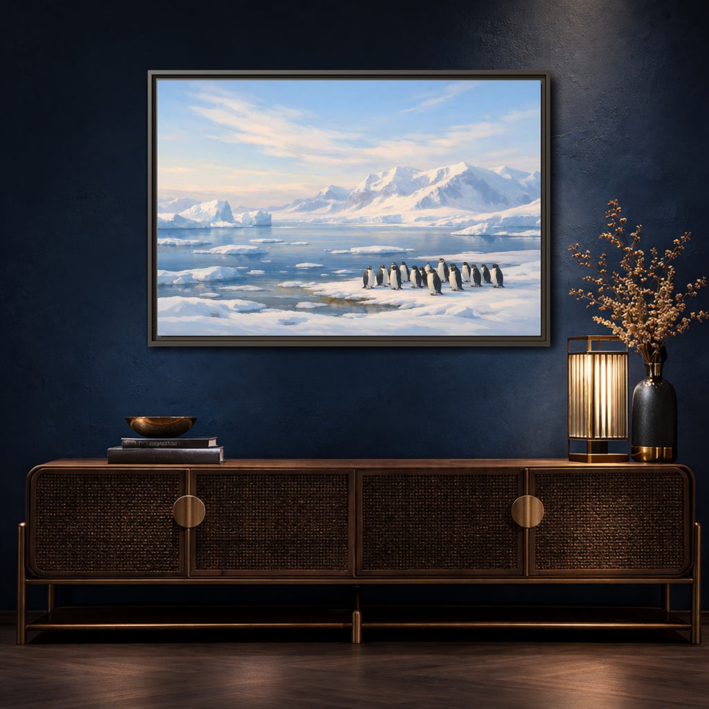 Mockup 4. Animals Penguins Blue And White shown as stretched canvas wall art