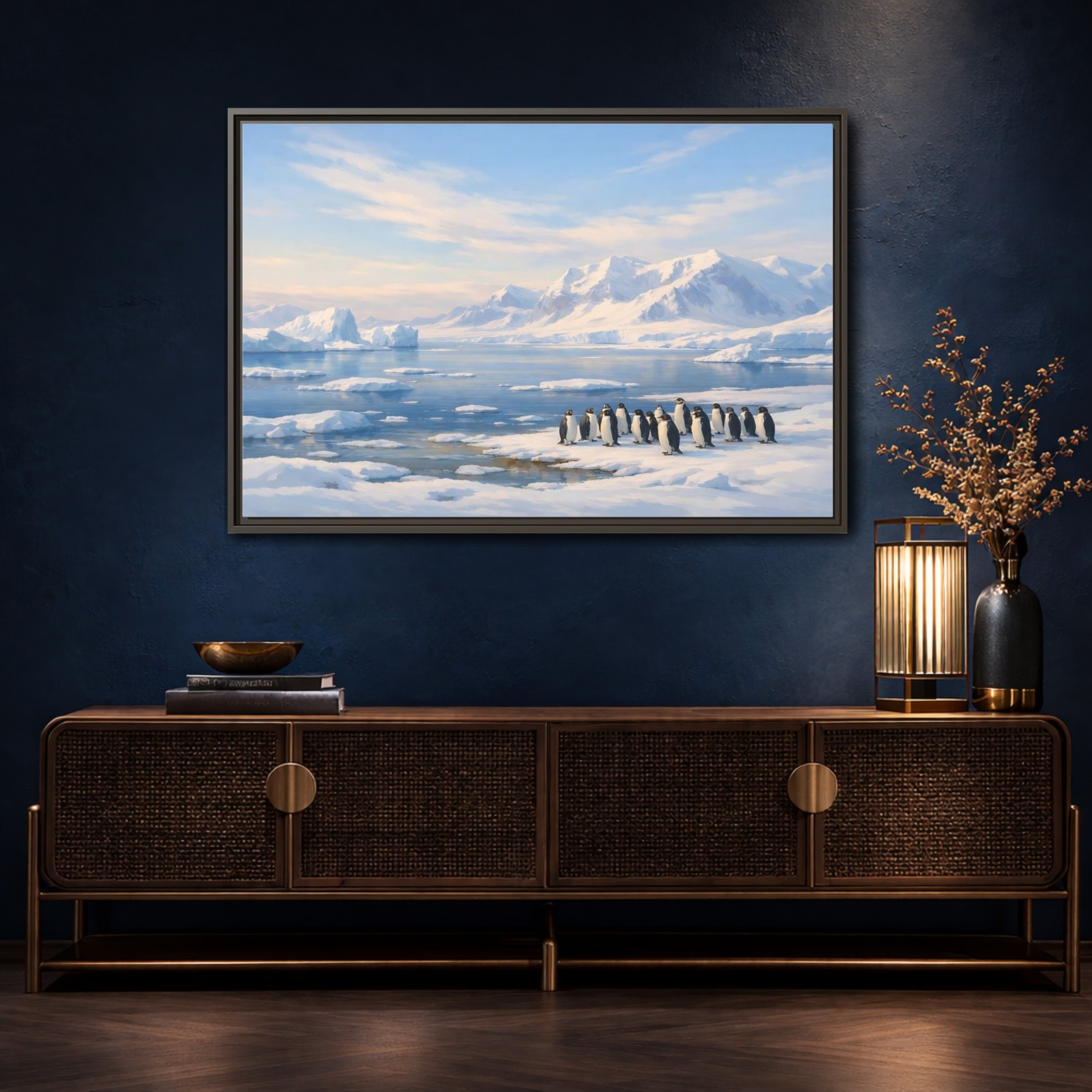 Mockup 4. Animals Penguins Blue And White shown as stretched canvas wall art