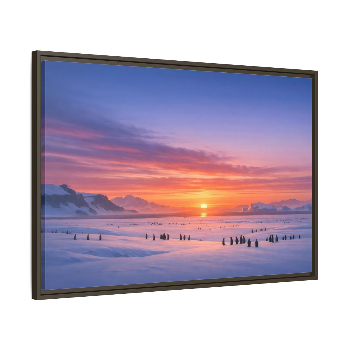 Main Mockup. Animals Penguins Pink Blue Sunset shown as stretched canvas wall art