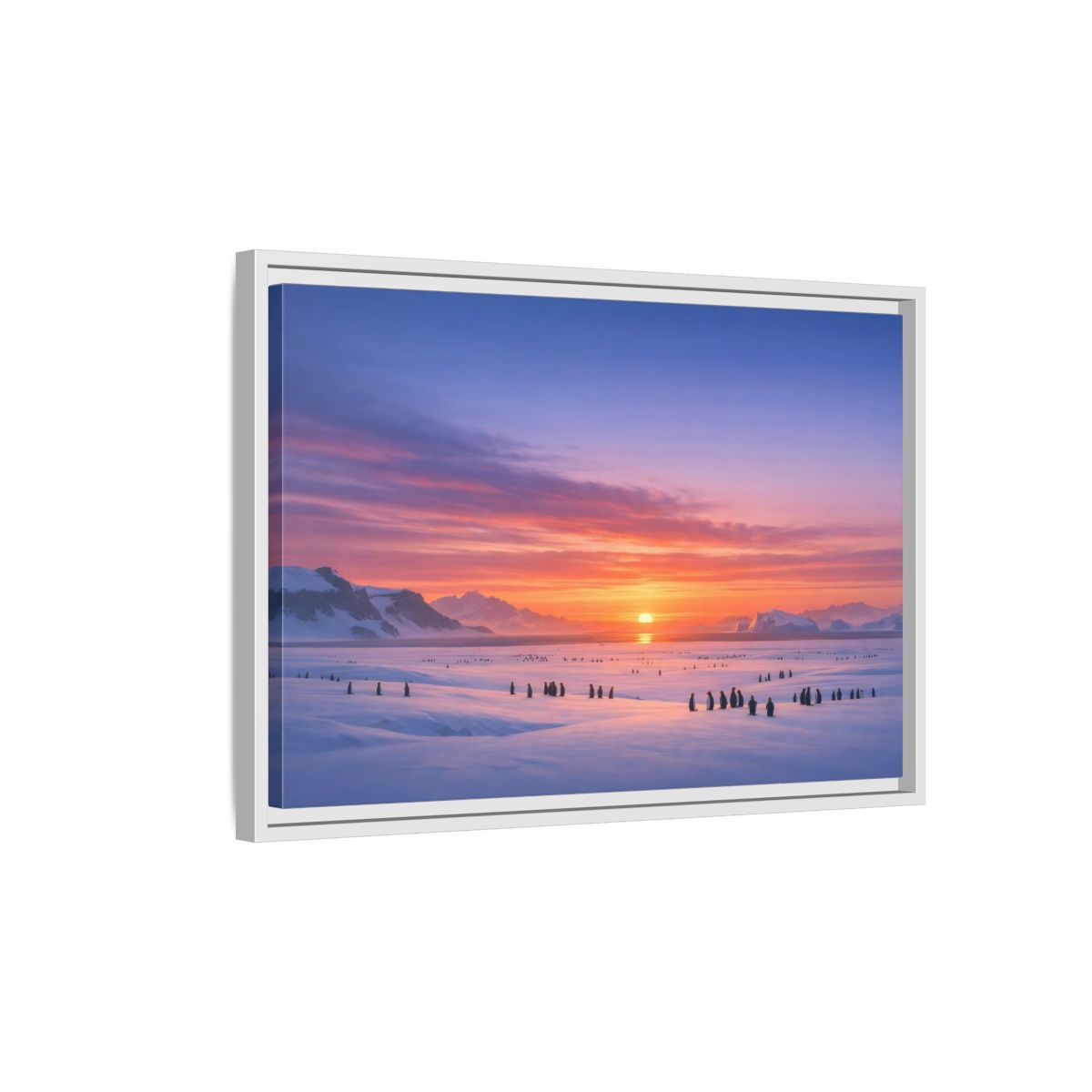 Side Mockup 1. Animals Penguins Pink Blue Sunset shown as stretched canvas wall art