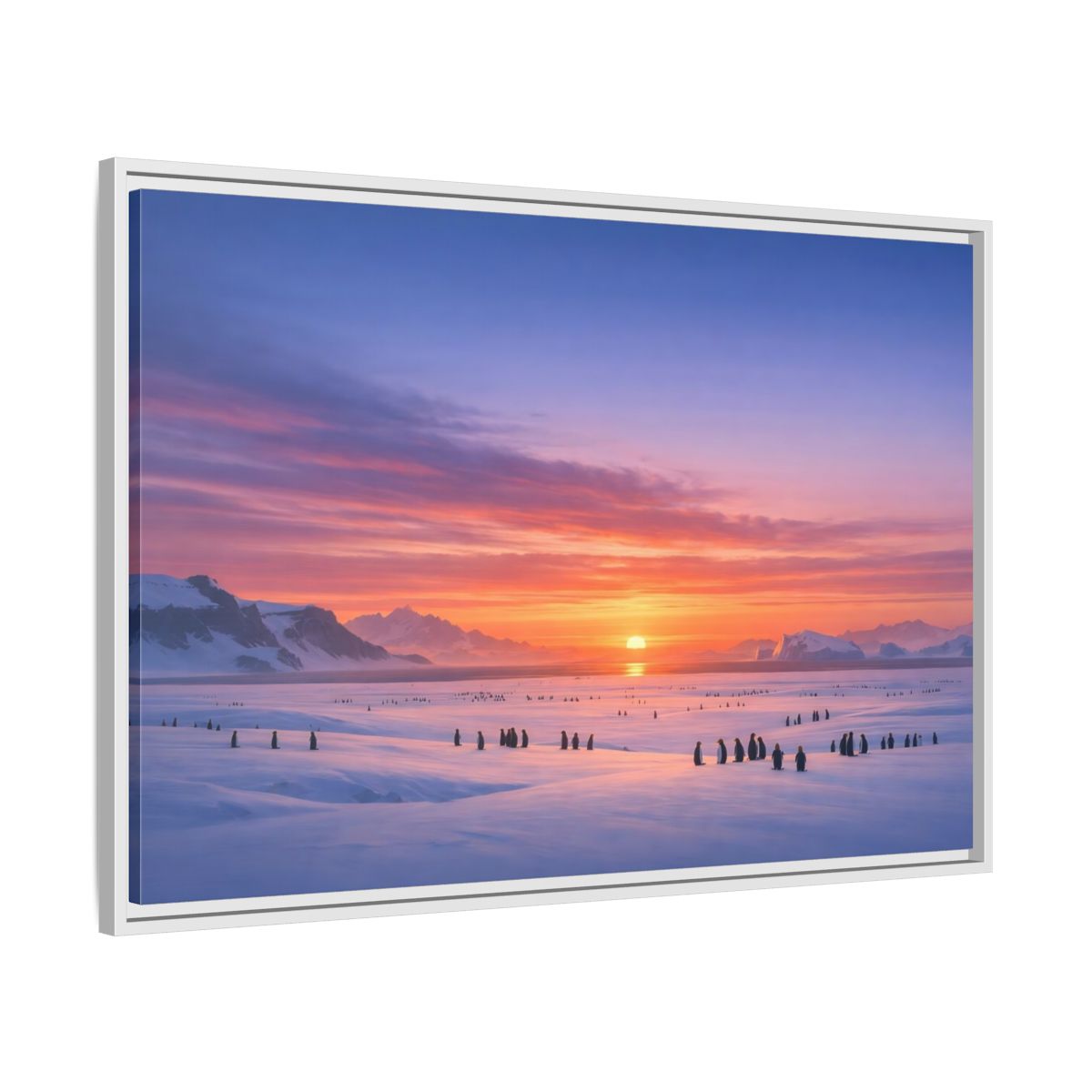 Side Mockup 9. Animals Penguins Pink Blue Sunset shown as stretched canvas wall art