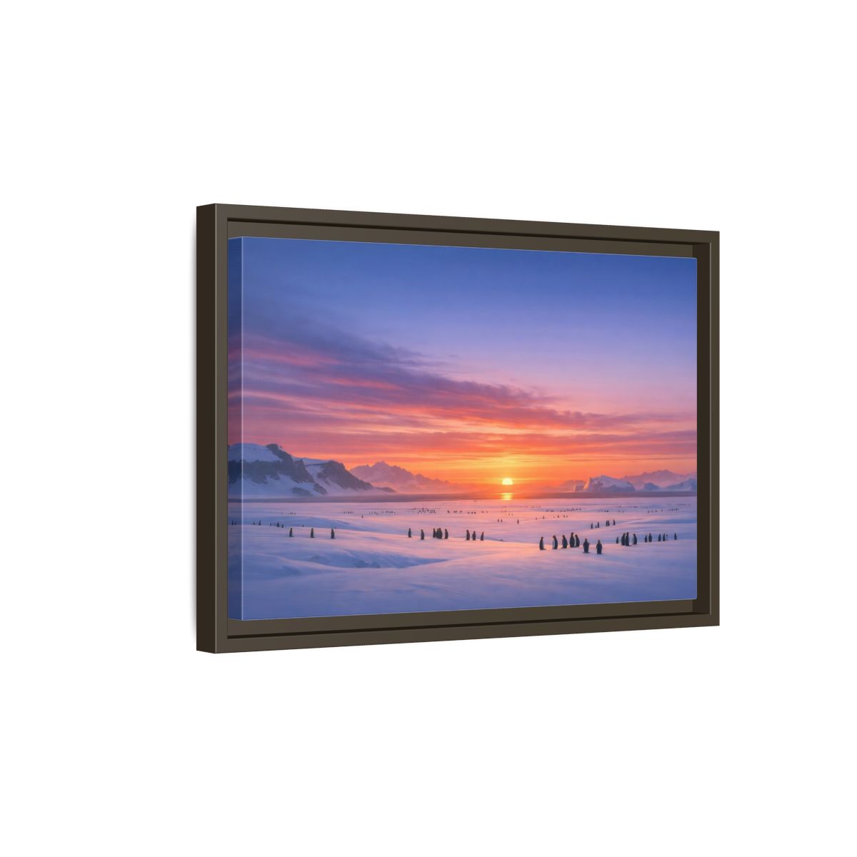 Side Mockup 5. Animals Penguins Pink Blue Sunset shown as stretched canvas wall art