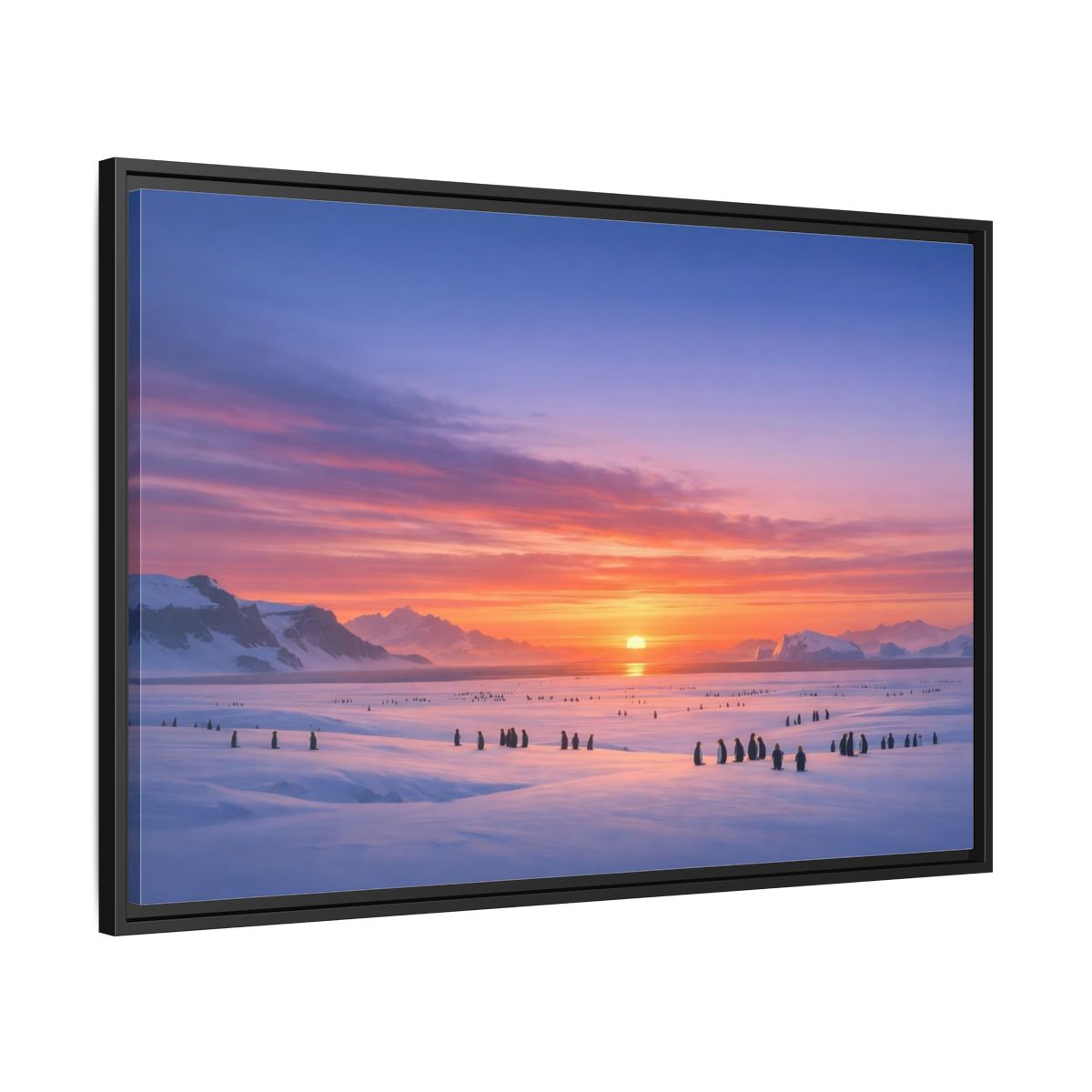 Side Mockup 13. Animals Penguins Pink Blue Sunset shown as stretched canvas wall art
