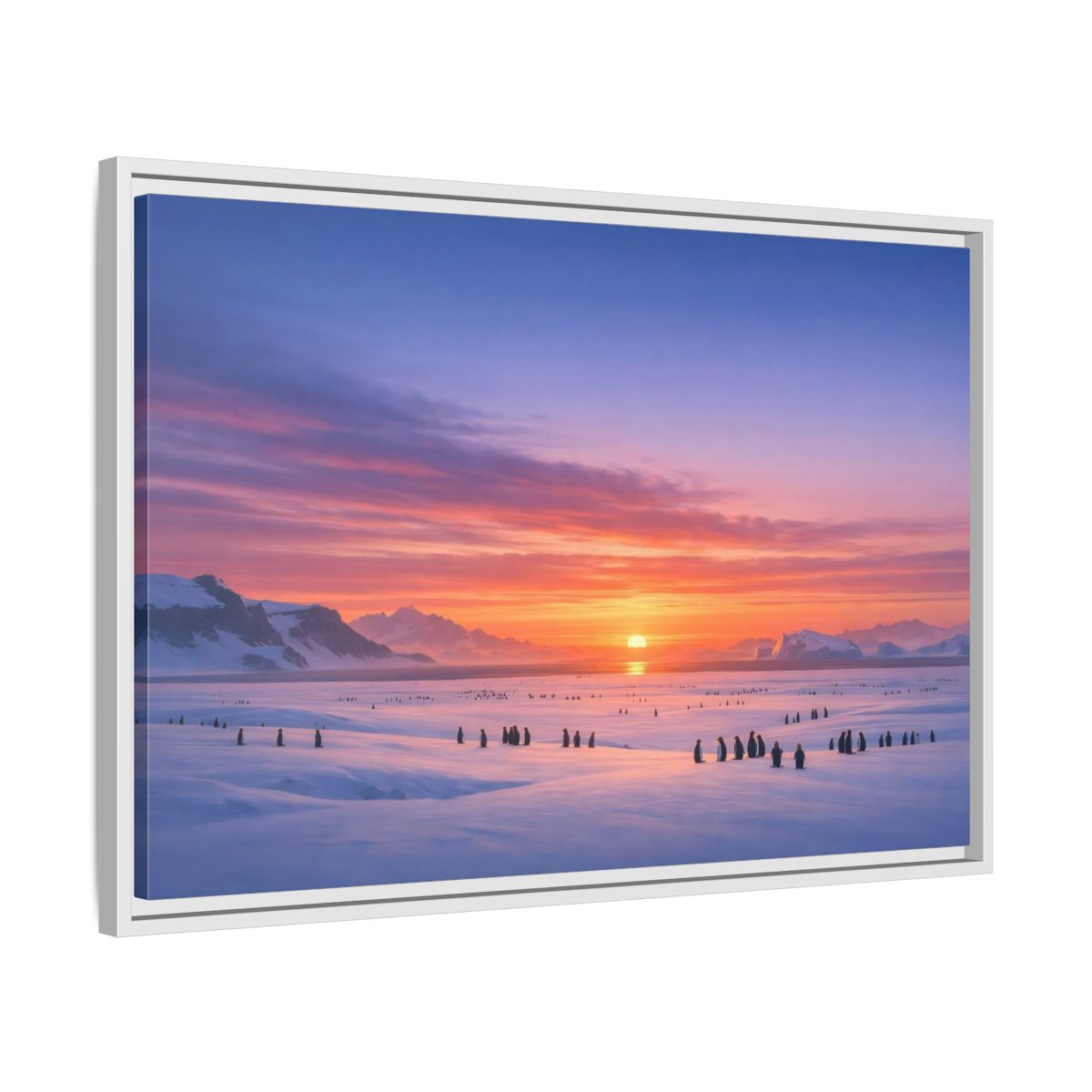 Side Mockup 10. Animals Penguins Pink Blue Sunset shown as stretched canvas wall art