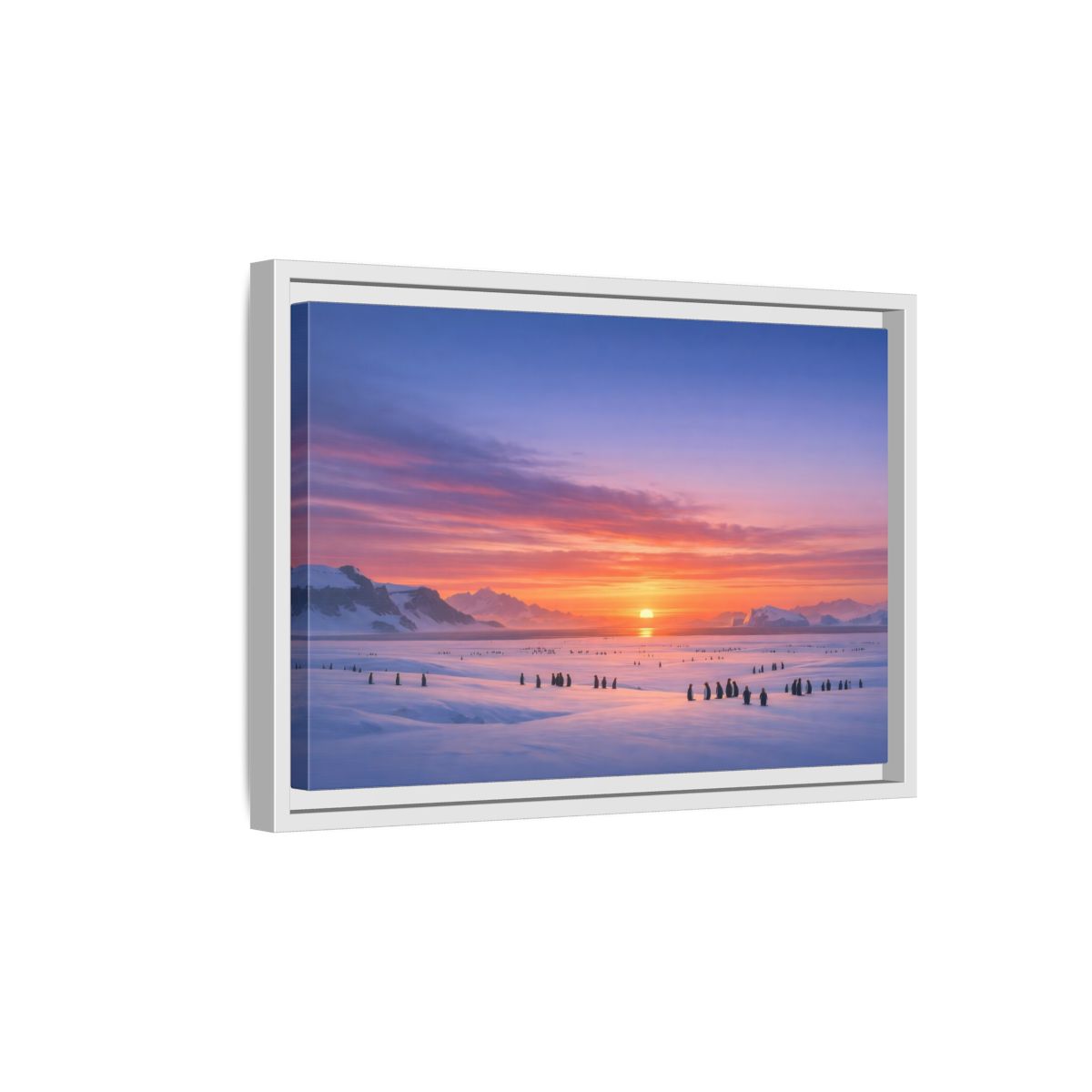 Side Mockup 4. Animals Penguins Pink Blue Sunset shown as stretched canvas wall art