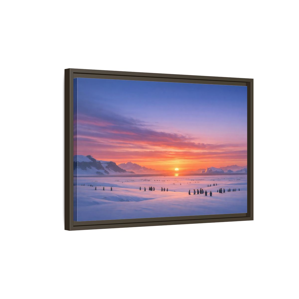 Side Mockup 2. Animals Penguins Pink Blue Sunset shown as stretched canvas wall art