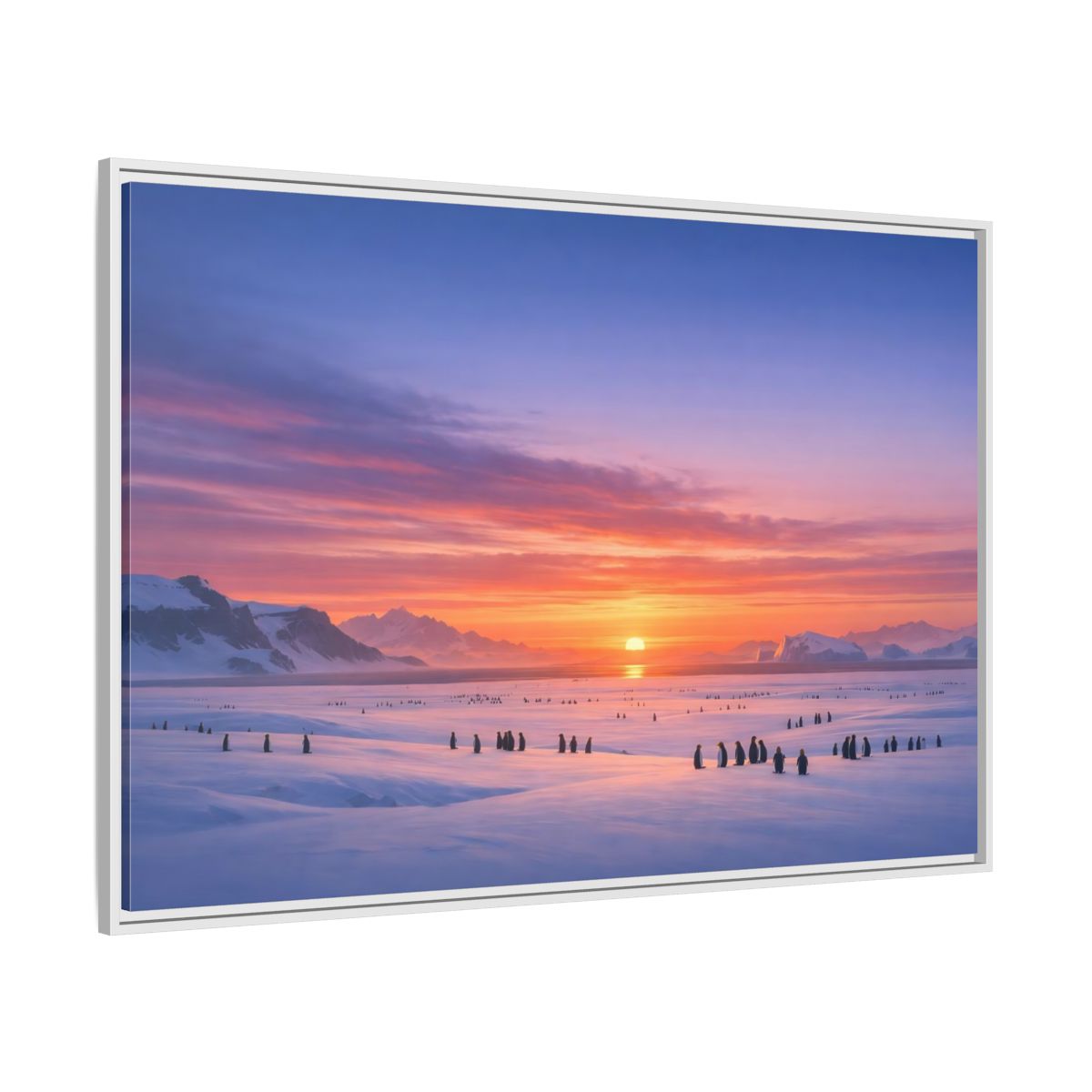 Side Mockup 7. Animals Penguins Pink Blue Sunset shown as stretched canvas wall art