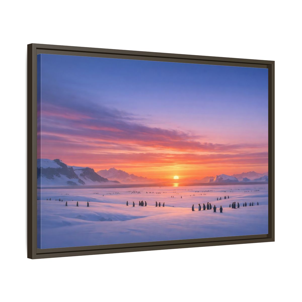 Side Mockup 11. Animals Penguins Pink Blue Sunset shown as stretched canvas wall art