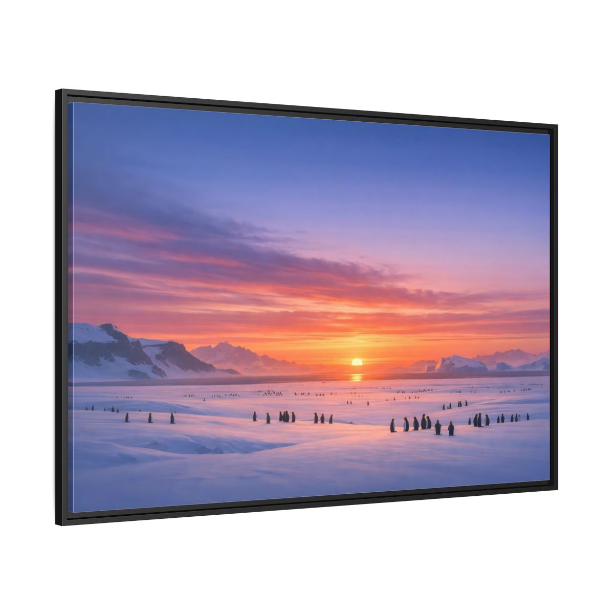 Side Mockup 12. Animals Penguins Pink Blue Sunset shown as stretched canvas wall art