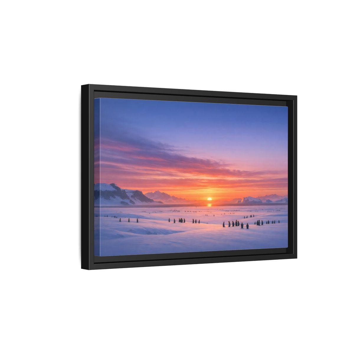 Side Mockup 6. Animals Penguins Pink Blue Sunset shown as stretched canvas wall art
