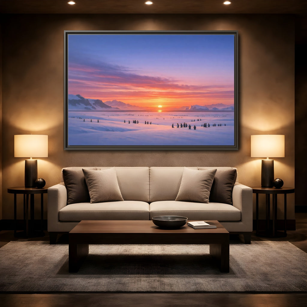 Mockup 2. Animals Penguins Pink Blue Sunset shown as stretched canvas wall art