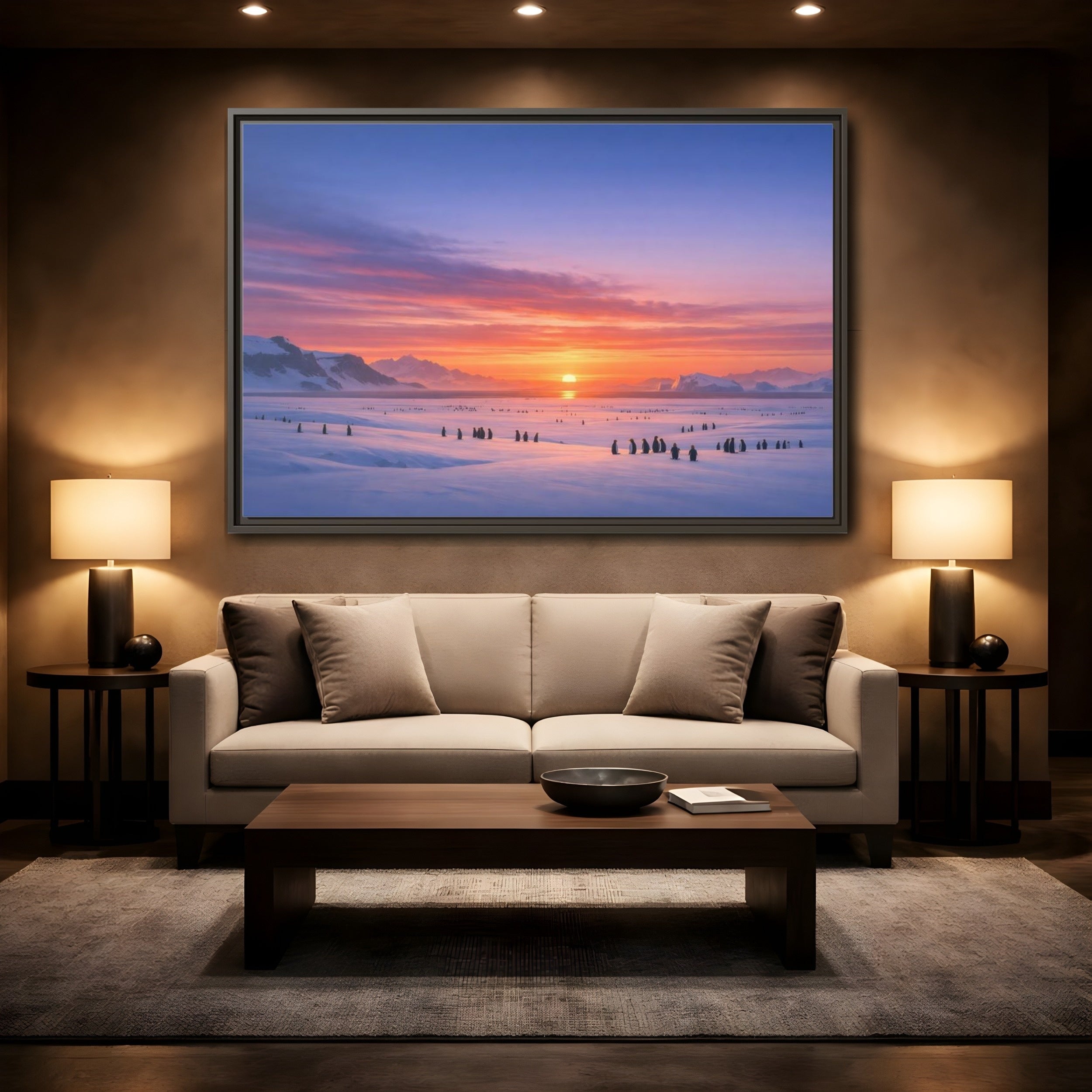 Mockup 2. Animals Penguins Pink Blue Sunset shown as stretched canvas wall art