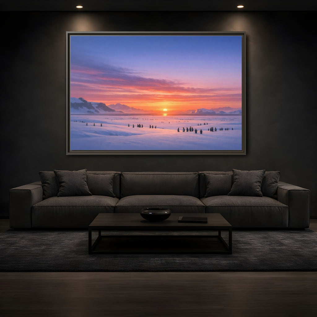 Mockup 3. Animals Penguins Pink Blue Sunset shown as stretched canvas wall art