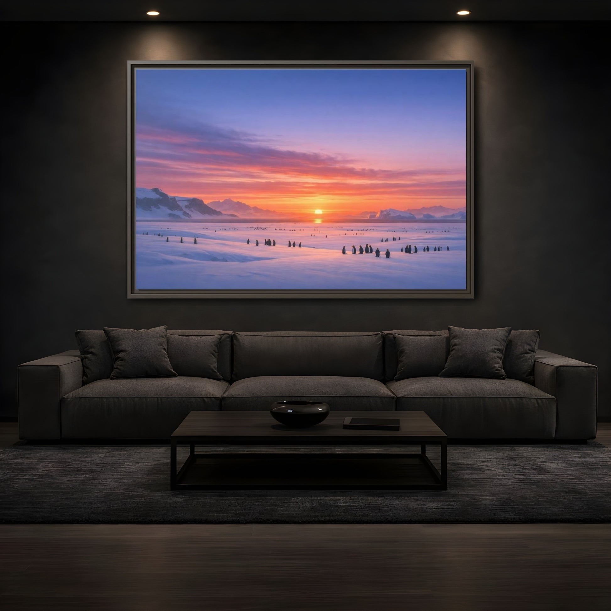 Mockup 3. Animals Penguins Pink Blue Sunset shown as stretched canvas wall art