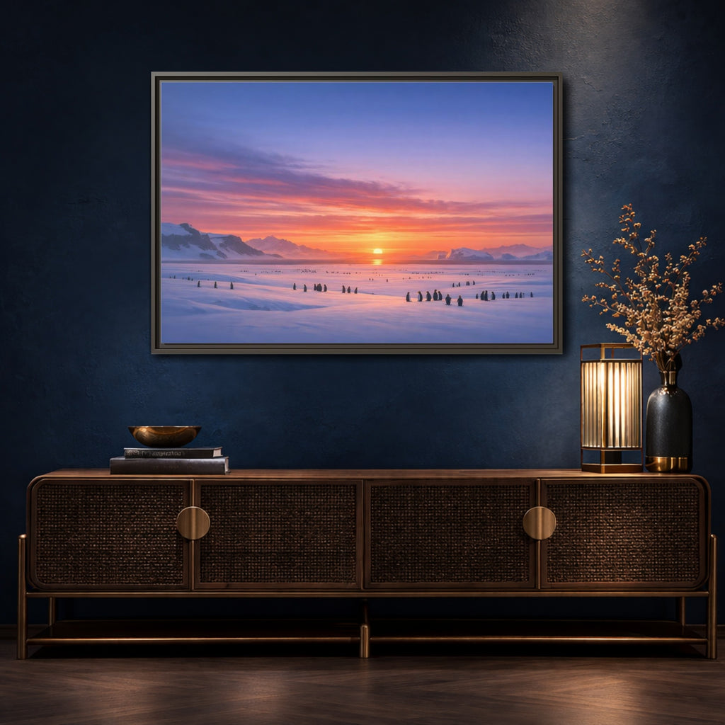 Mockup 4. Animals Penguins Pink Blue Sunset shown as stretched canvas wall art