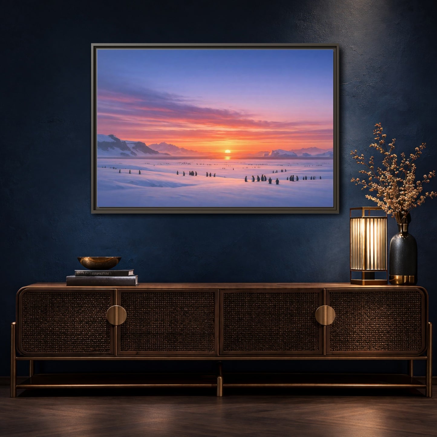 Mockup 4. Animals Penguins Pink Blue Sunset shown as stretched canvas wall art