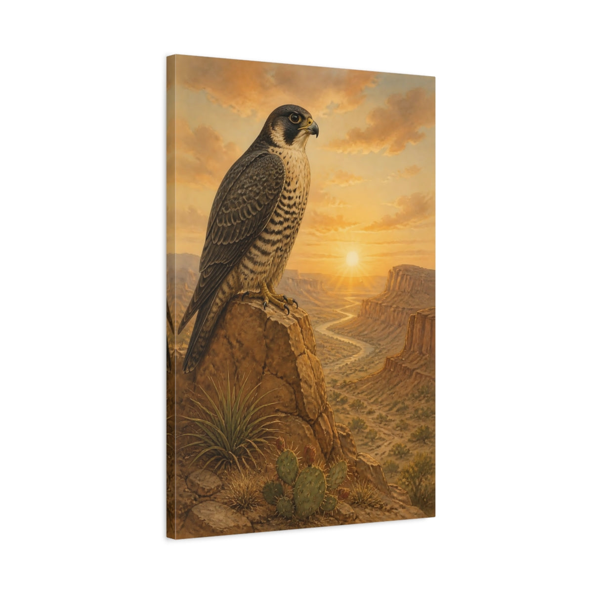 Side Mockup 2. Animals Peregrine Falcon At Sunrise shown as canvas print