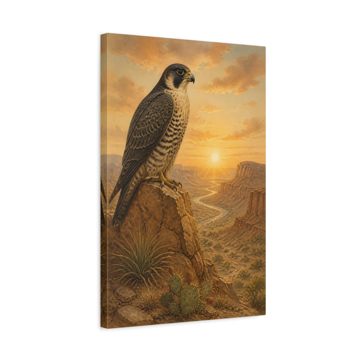 Side Mockup 3. Animals Peregrine Falcon At Sunrise shown as canvas print