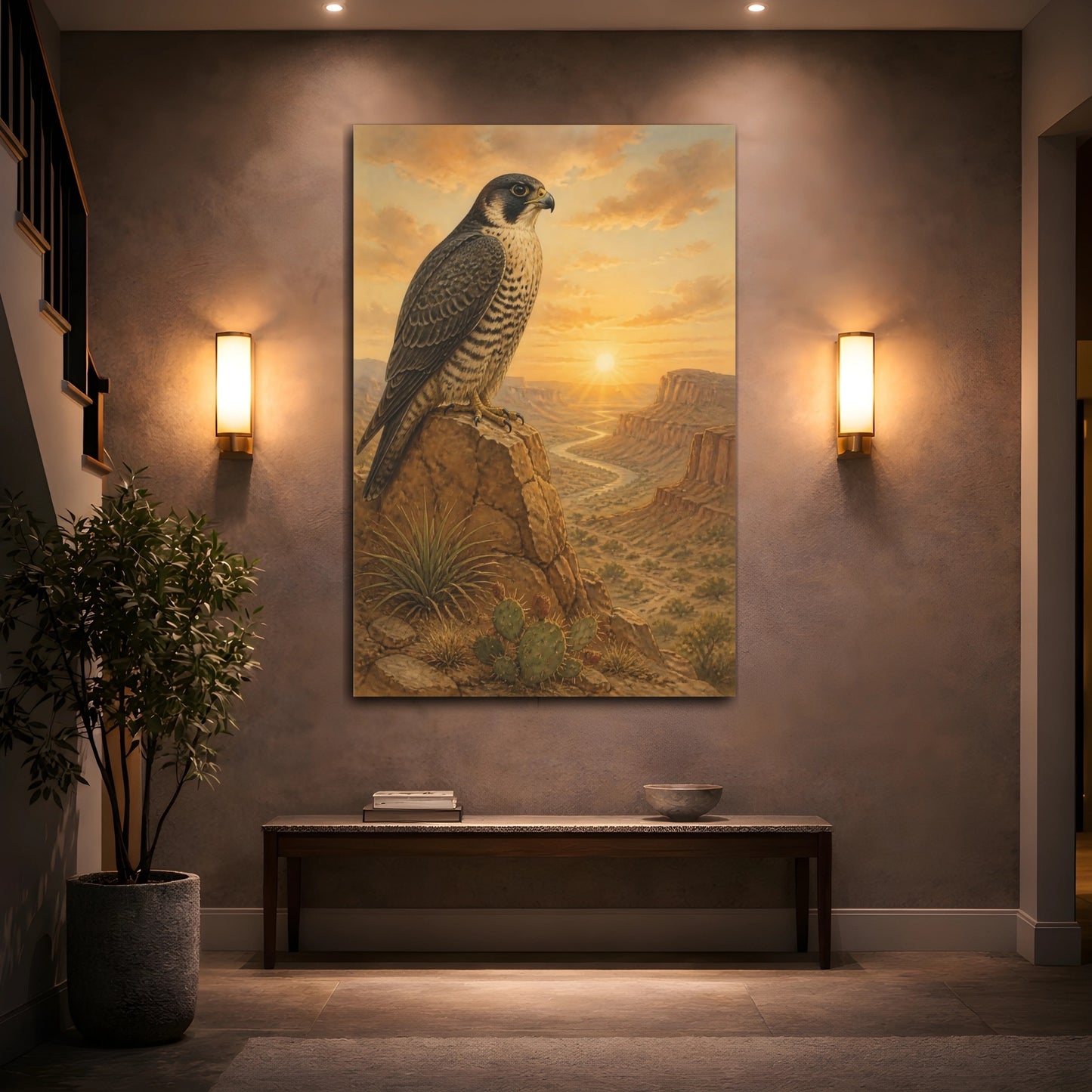 Mockup 2. Animals Peregrine Falcon At Sunrise shown as canvas print