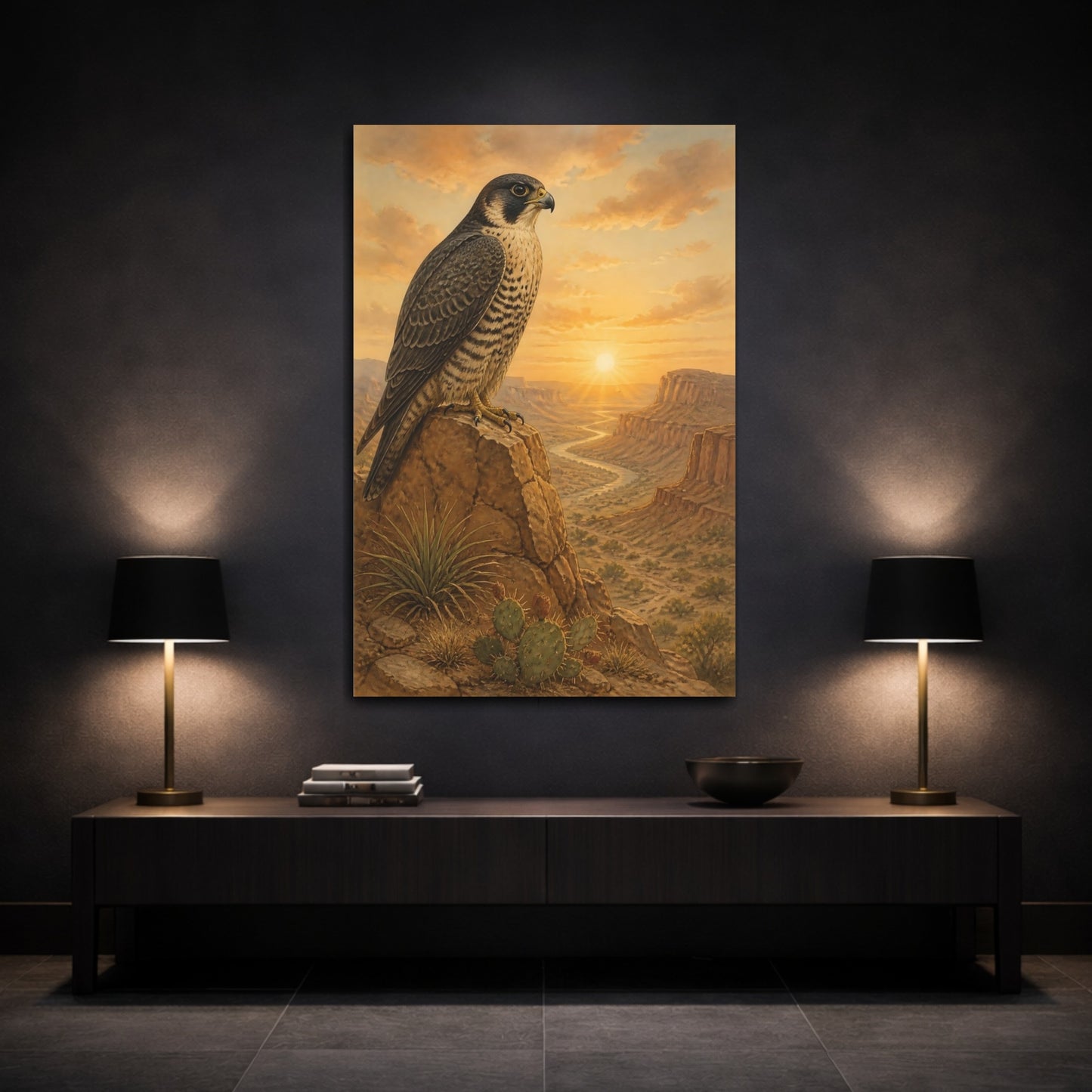 Mockup 3. Animals Peregrine Falcon At Sunrise shown as canvas print