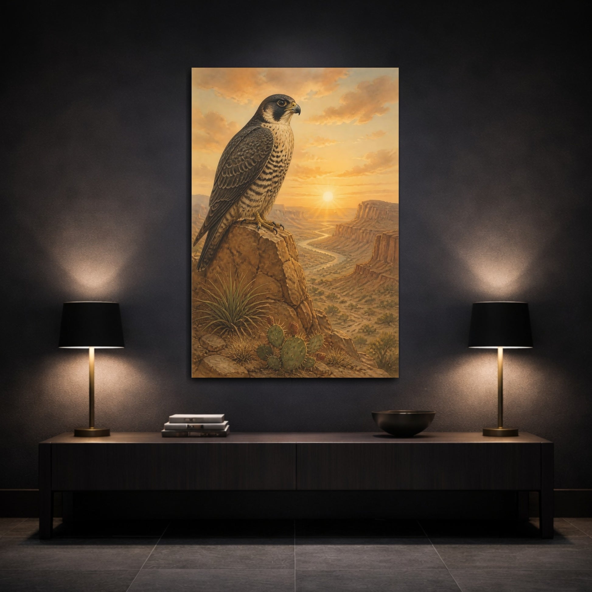 Mockup 3. Animals Peregrine Falcon At Sunrise shown as canvas print
