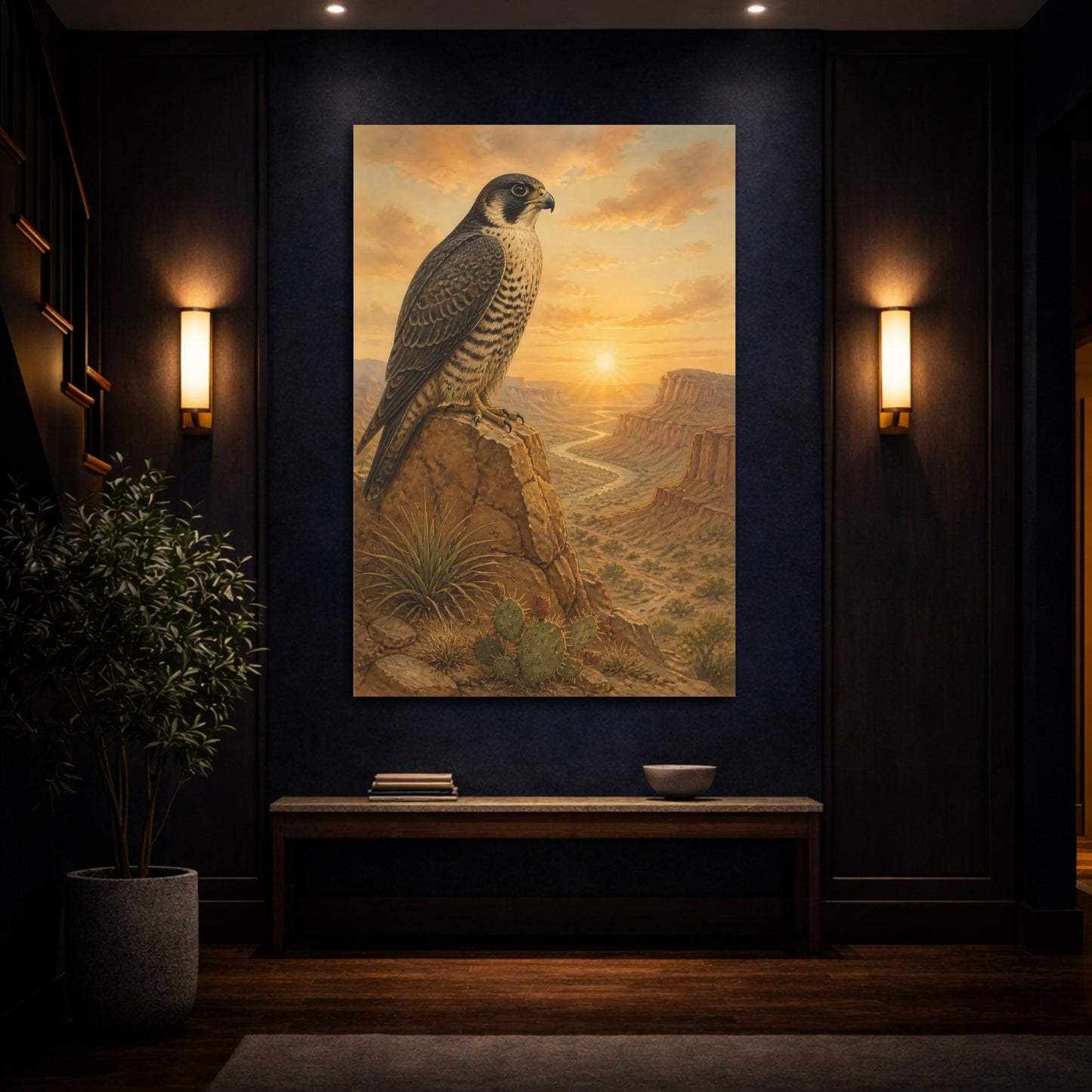 Mockup 4. Animals Peregrine Falcon At Sunrise shown as canvas print