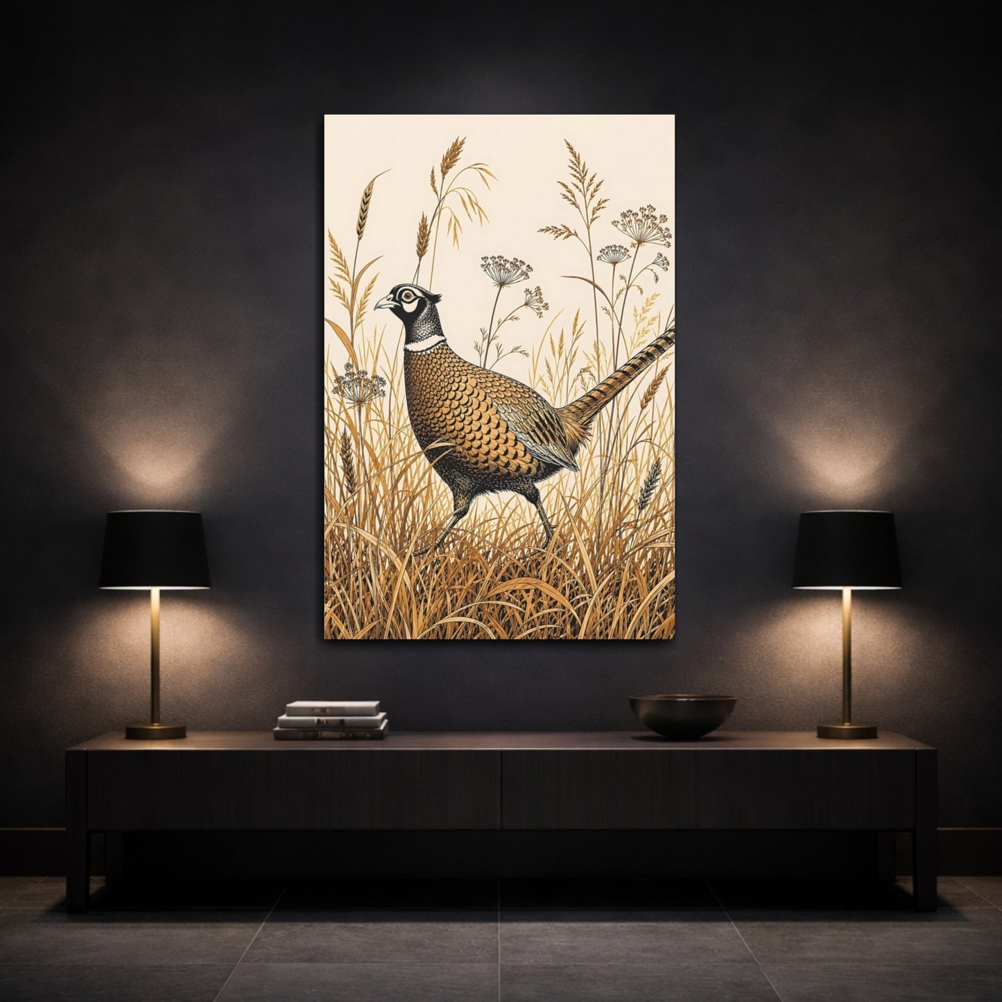 Mockup 3. Animals Pheasant Brown Pheasant Art shown as stretched canvas wall art