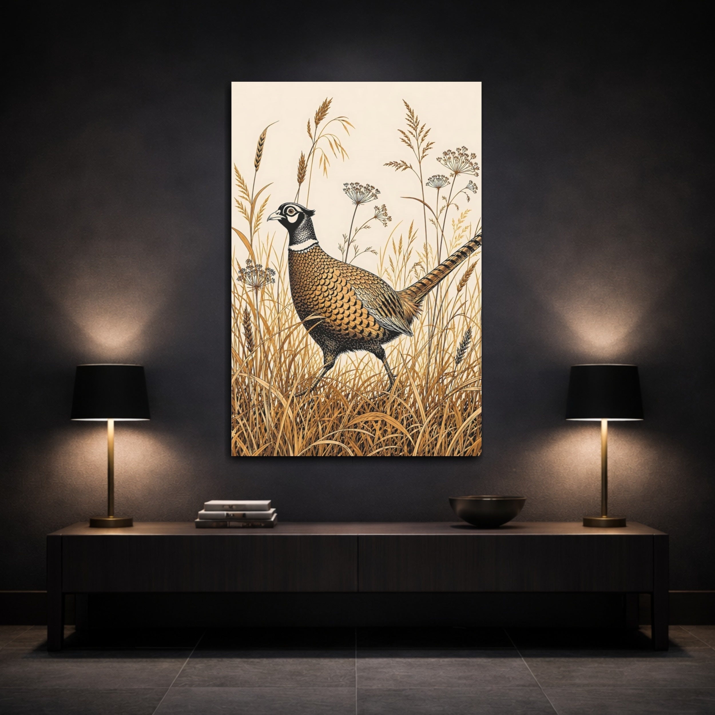 Mockup 3. Animals Pheasant Brown Pheasant Art shown as stretched canvas wall art