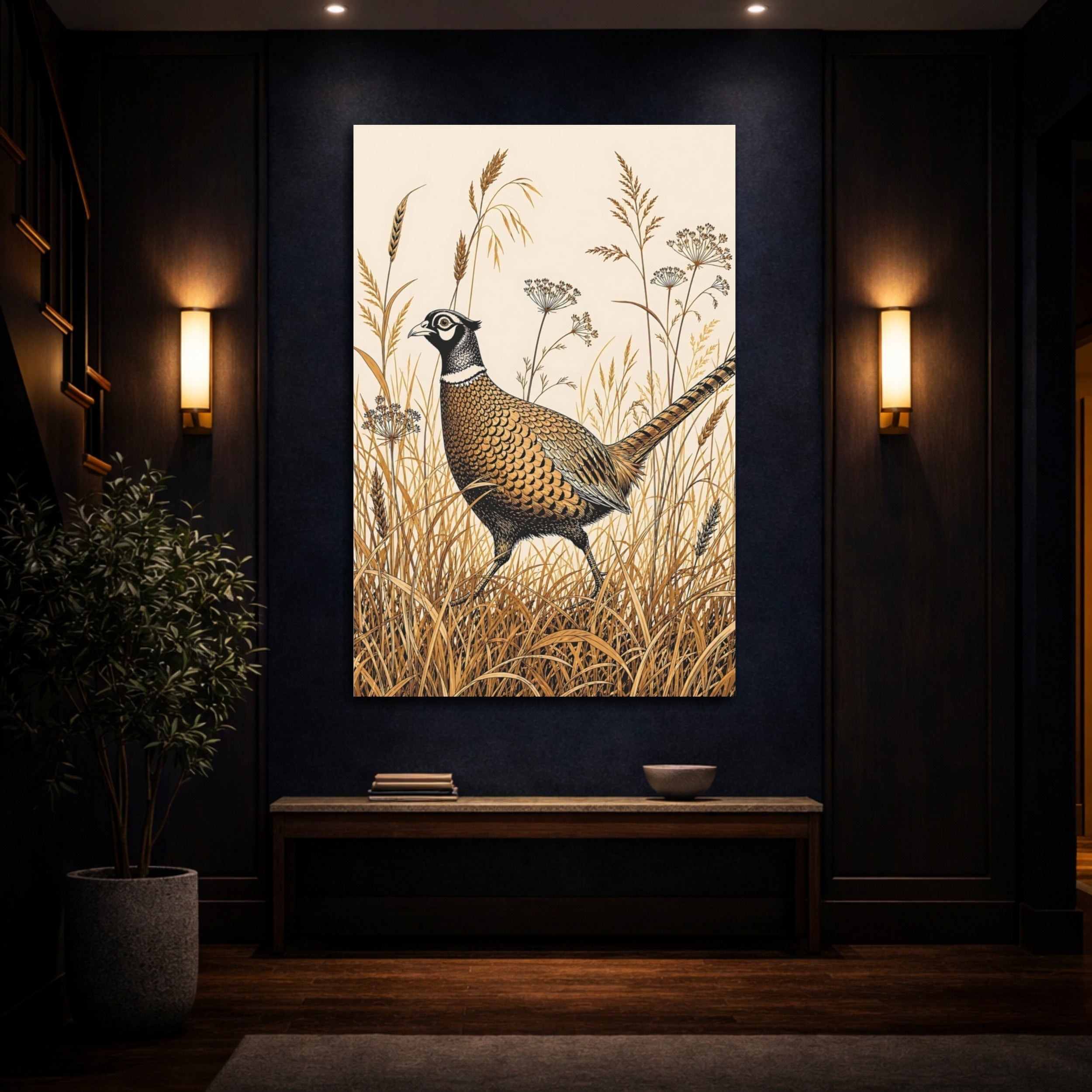 Mockup 4. Animals Pheasant Brown Pheasant Art shown as stretched canvas wall art