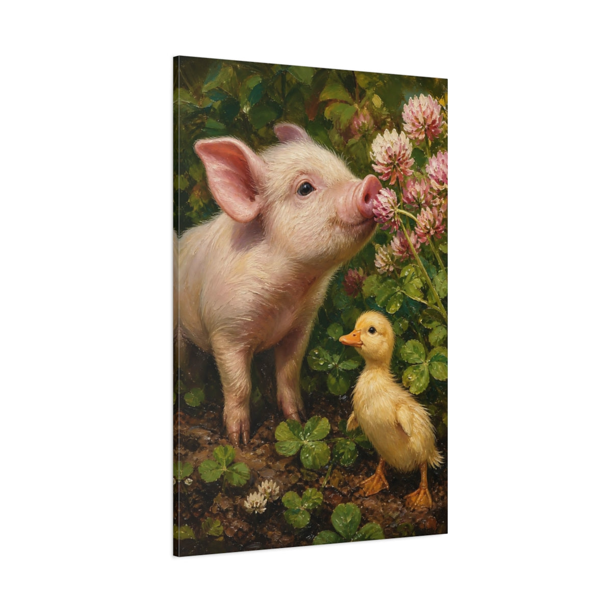 Side Mockup 1. Animals Pig, Duckling Pink And Green shown as stretched canvas wall art