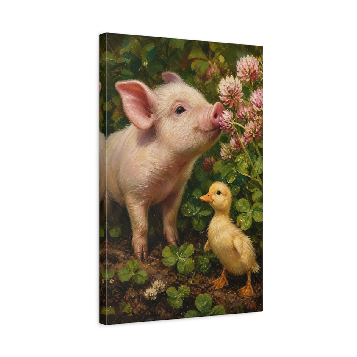 Side Mockup 3. Animals Pig, Duckling Pink And Green shown as stretched canvas wall art
