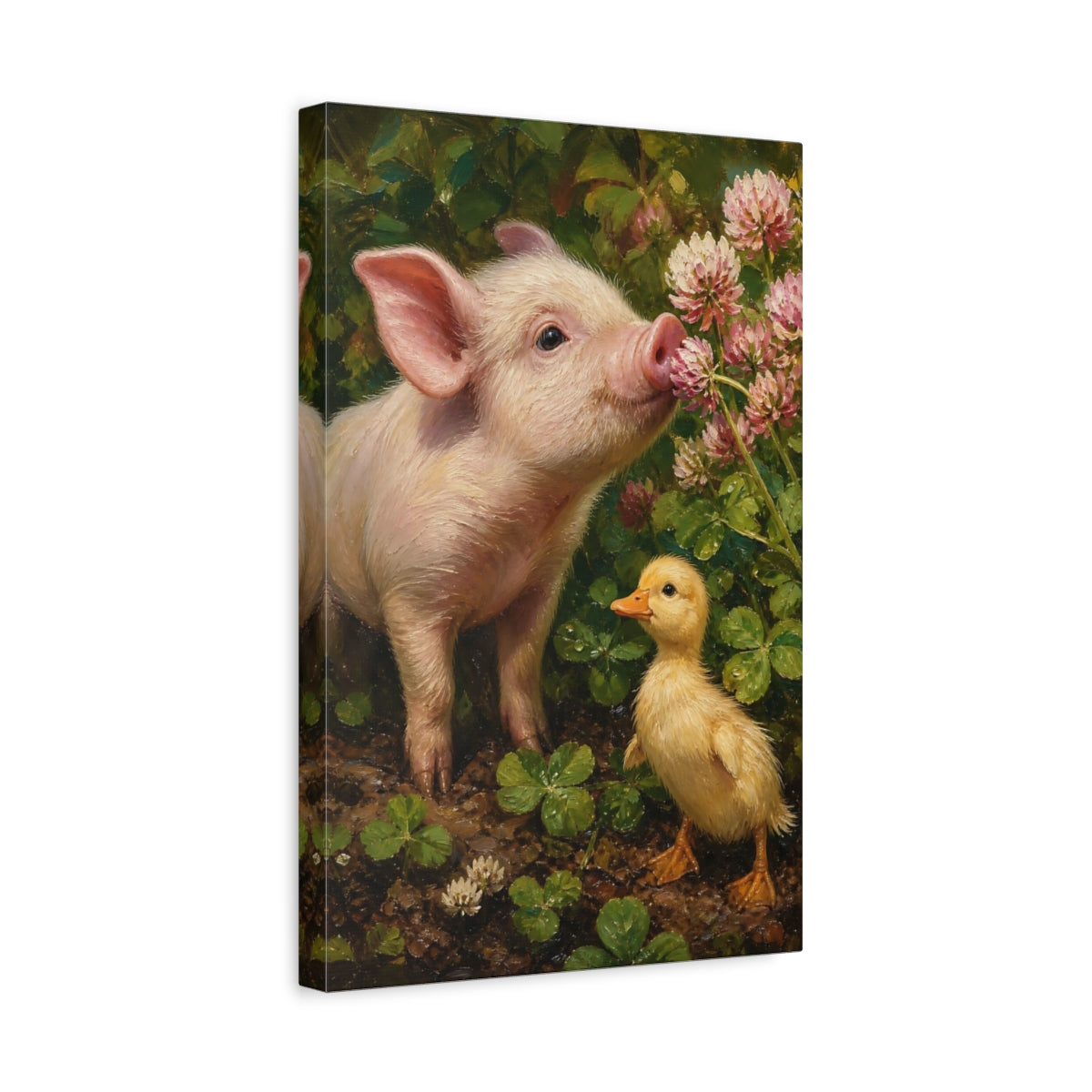 Side Mockup 4. Animals Pig, Duckling Pink And Green shown as stretched canvas wall art