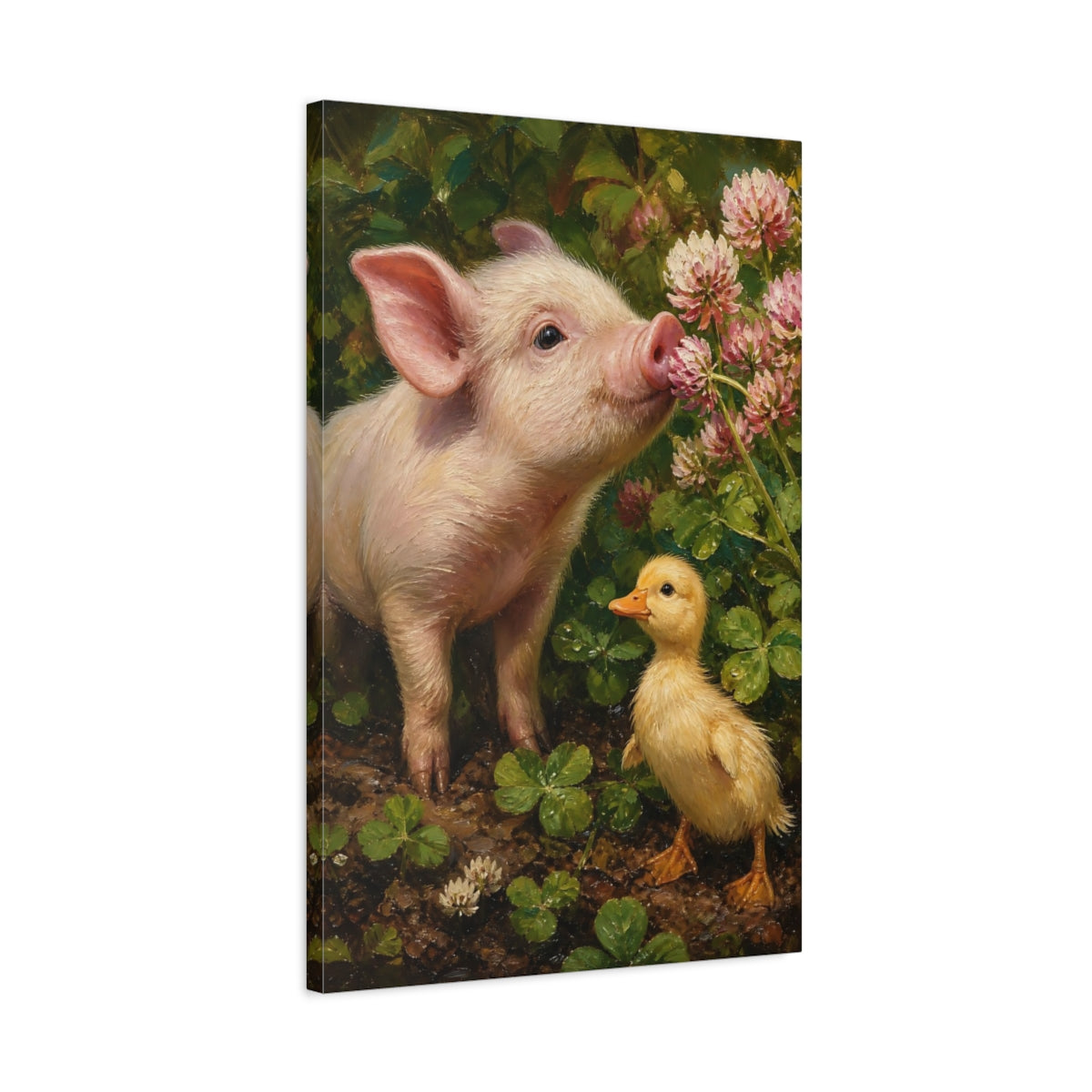 Side Mockup 2. Animals Pig, Duckling Pink And Green shown as stretched canvas wall art