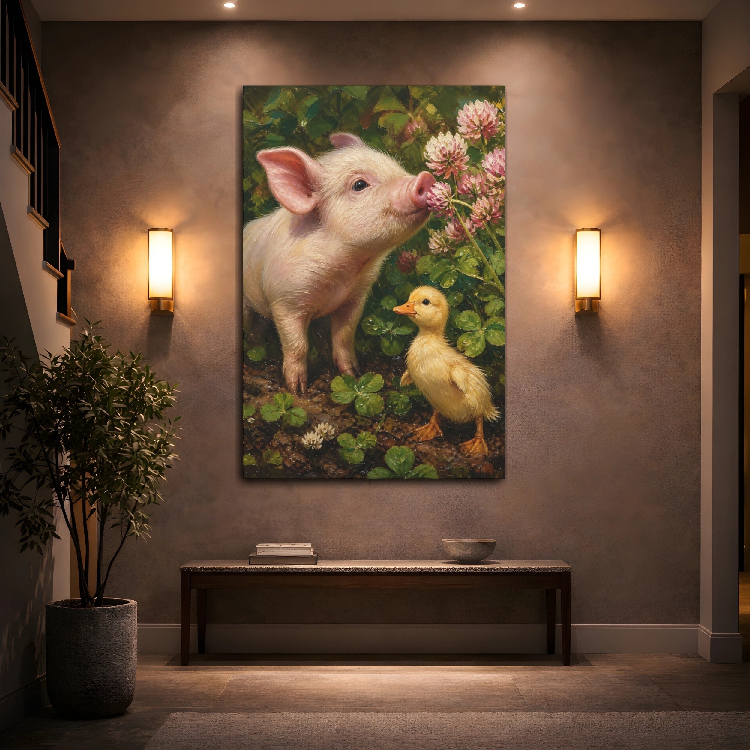 Mockup 2. Animals Pig, Duckling Pink And Green shown as stretched canvas wall art