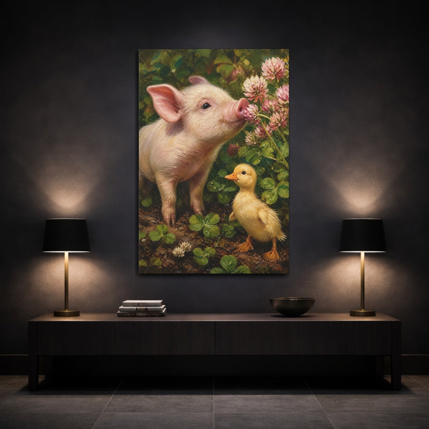 Mockup 3. Animals Pig, Duckling Pink And Green shown as stretched canvas wall art