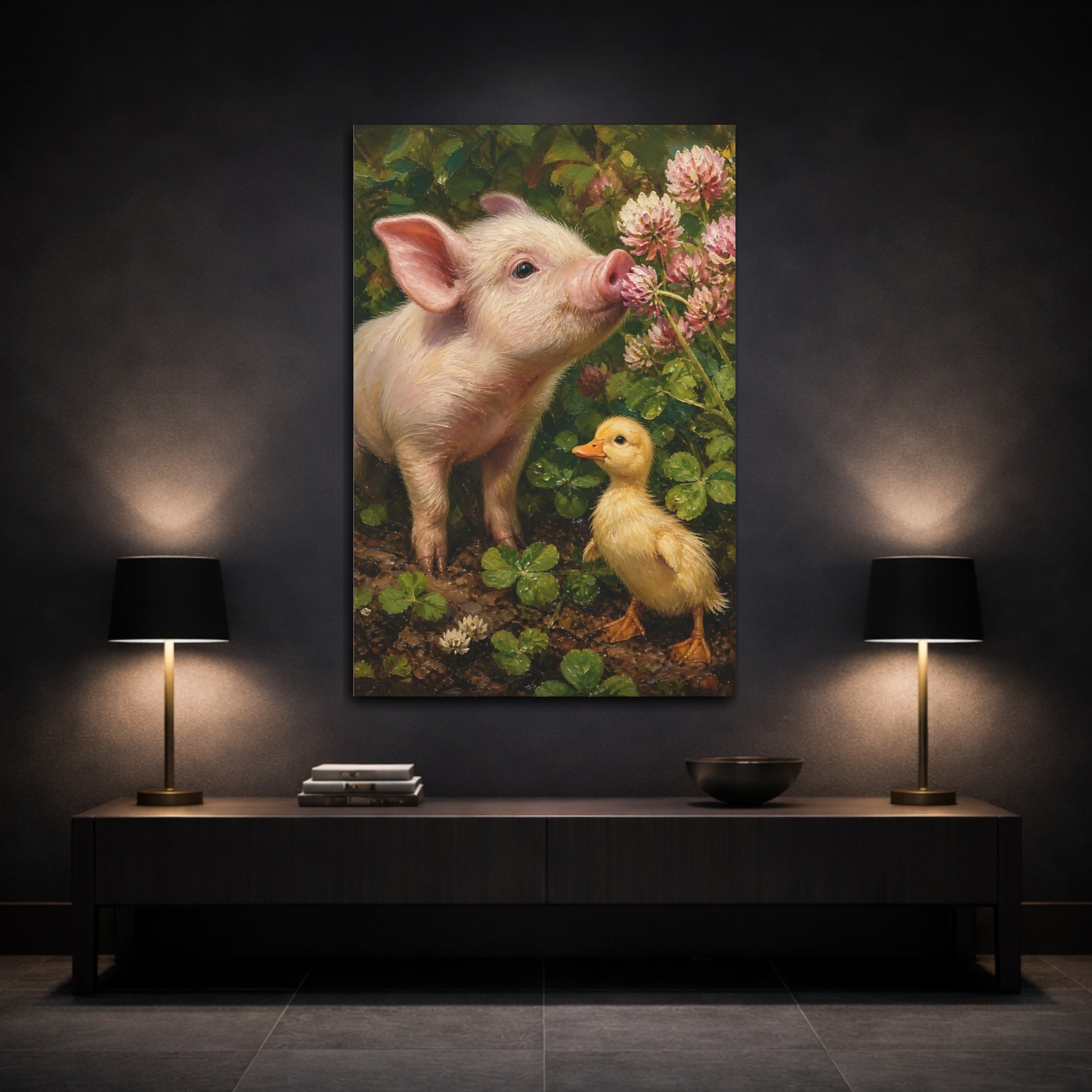 Mockup 3. Animals Pig, Duckling Pink And Green shown as stretched canvas wall art