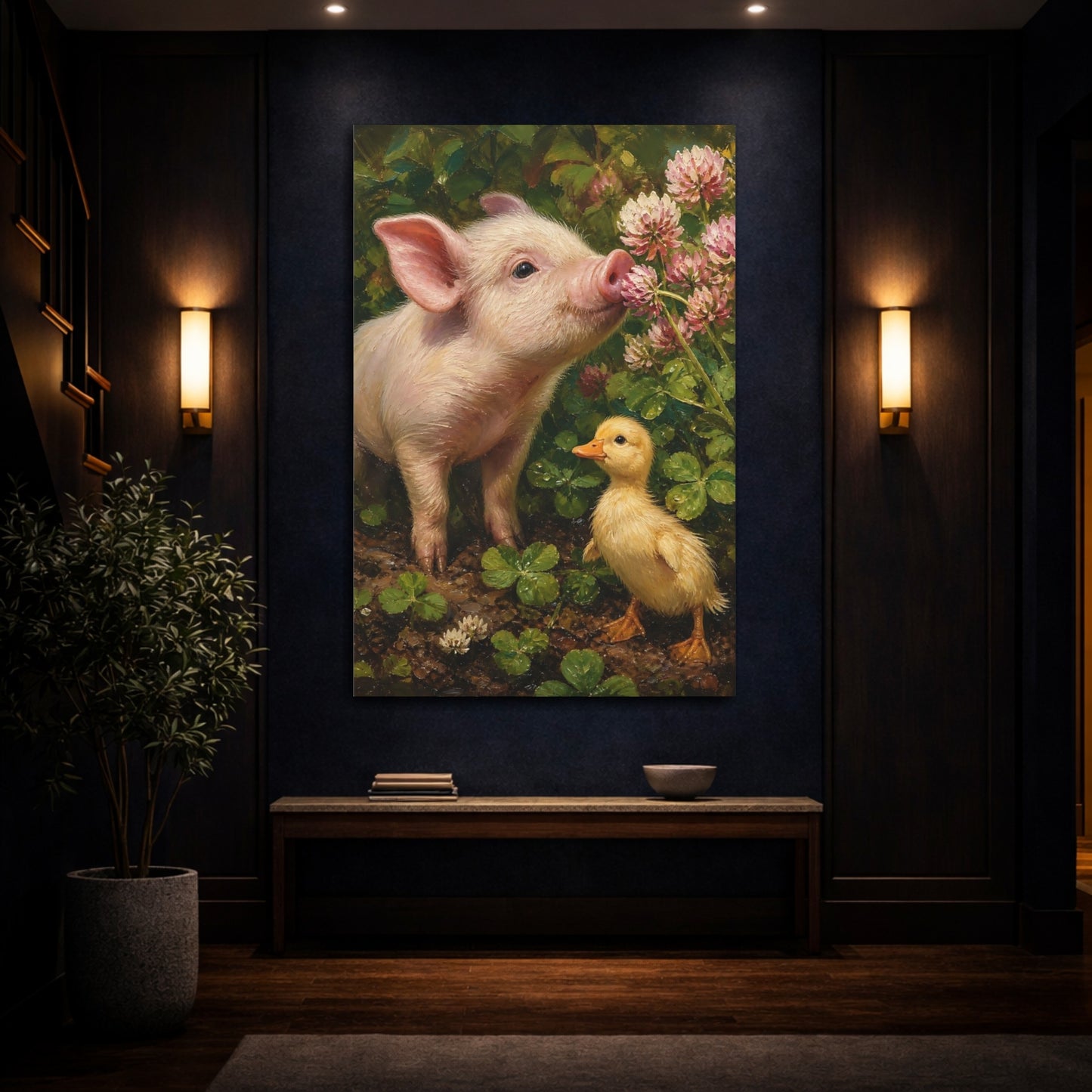 Mockup 4. Animals Pig, Duckling Pink And Green shown as stretched canvas wall art
