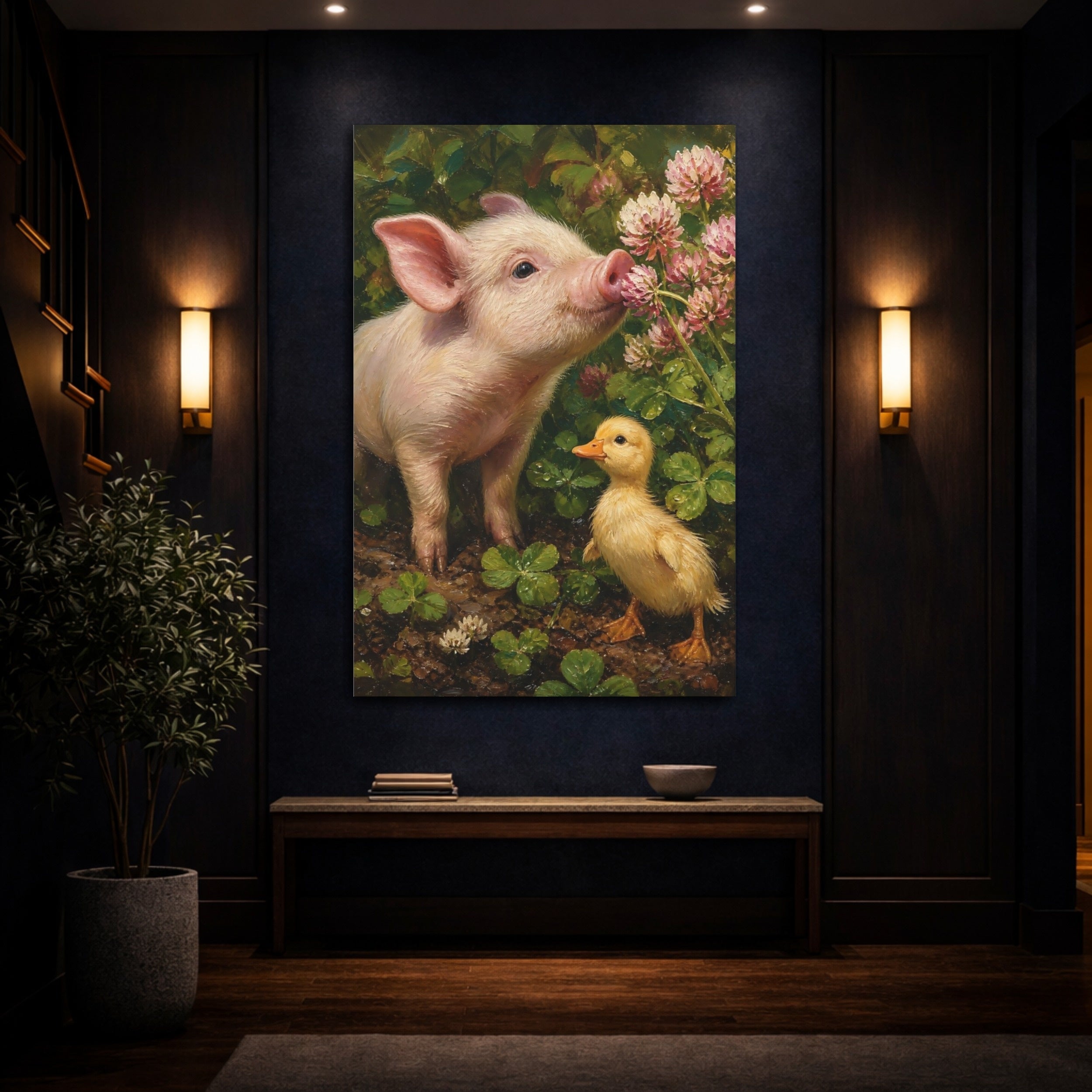 Mockup 4. Animals Pig, Duckling Pink And Green shown as stretched canvas wall art